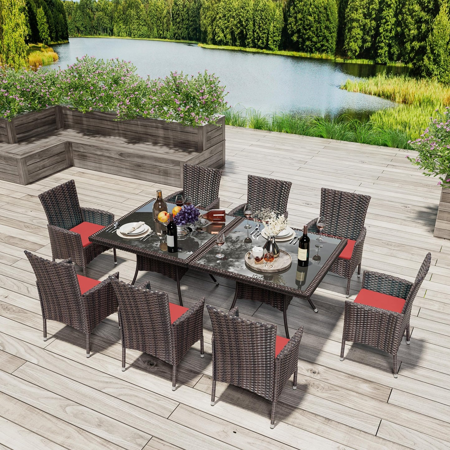 15 Pieces Patio Dining Set Outdoor Rattan Furniture Dinning Set with 3 Square Glass Tabletops 12 Chairs with Navy Blue Cushions for Patio, Backyard Outdoor Kitchen Lawn & Garden