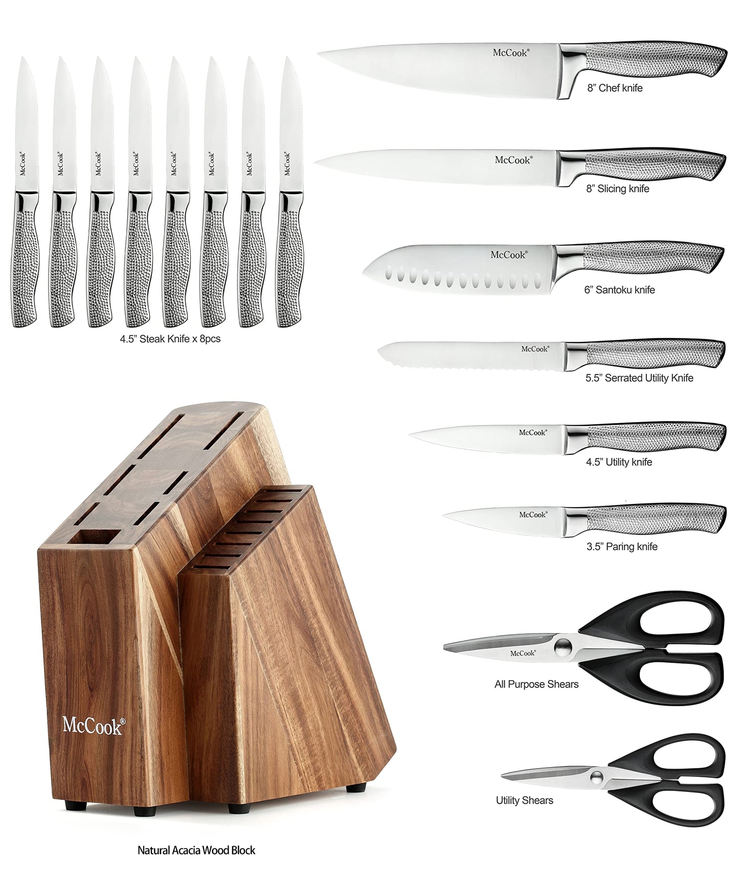 McCook® Knife Sets,German Stainless Steel Kitchen Knife Block Set with Built-in Sharpener