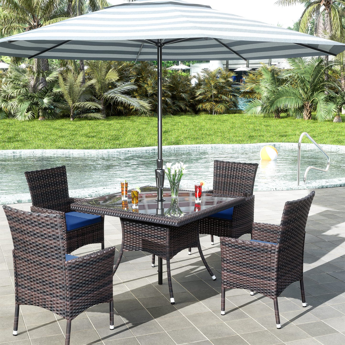 15 Pieces Patio Dining Set Outdoor Rattan Furniture Dinning Set with 3 Square Glass Tabletops 12 Chairs with Navy Blue Cushions for Patio, Backyard Outdoor Kitchen Lawn & Garden