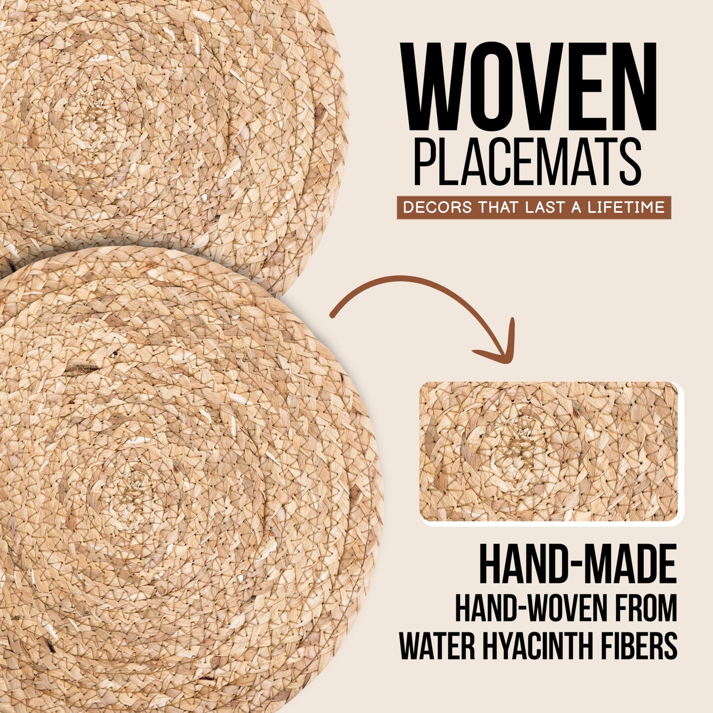 Woven Round Placemats - Natural Placemats Set of 6, Straw Braided Rattan Placemats, 13.5 Inches, Non-Slip, Heat Resistant Boho Placemats Set of 6, Hand Woven Placemat for Dining Table