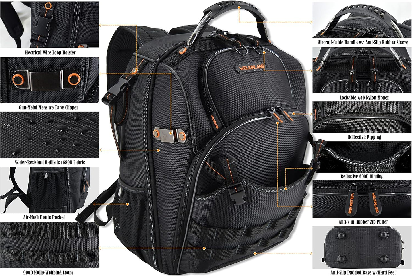 WELKINLAND 66-Taschen-Rucksack-Werkzeugtasche, robuster Werkzeugrucksack, Elektriker-Rucksack, Baustellen-Rucksack, Werkzeugrucksack für Männer, Werkzeugrucksack für Elektriker, Werkzeugrucksack für den Bau 