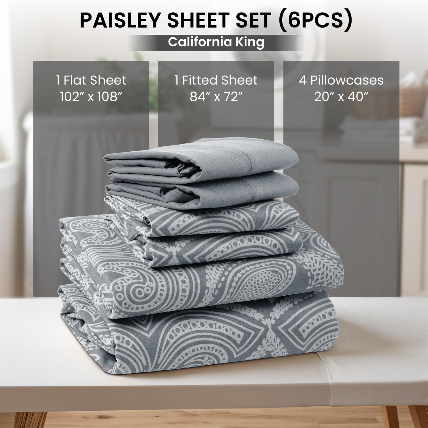 LUX Decor Paisley King Sheet Set, 6 PC Soft Microfiber Wrinkle Free Sheets - Luxurious Printed Bed Sheets Includes Flat Sheet, Fitted Sheet with Deep Pockets, & 4 Pillowcases - Taupe