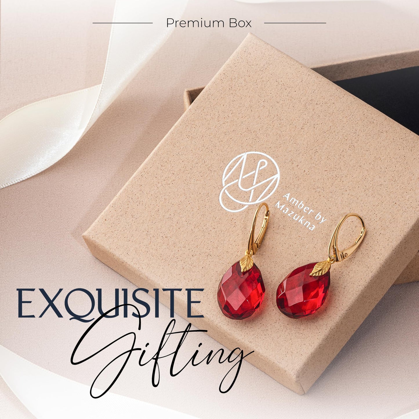 Red Earrings for Women - Gold Plated Silver Leaf Fitting and Closure, Lightweight Edgy Semi-Precious Stone Jewelry for Ladies, Garnet Red Amber Crystal Earrings