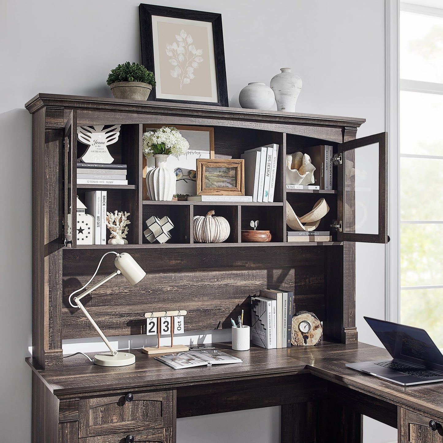 OKD 60" Executive Desk with Drawers, Farmhouse Home Office Desk with Charging Station, Keyboard Tray, File Cabinet Storage, Wood Computer Desk for Work and Study, Antique White