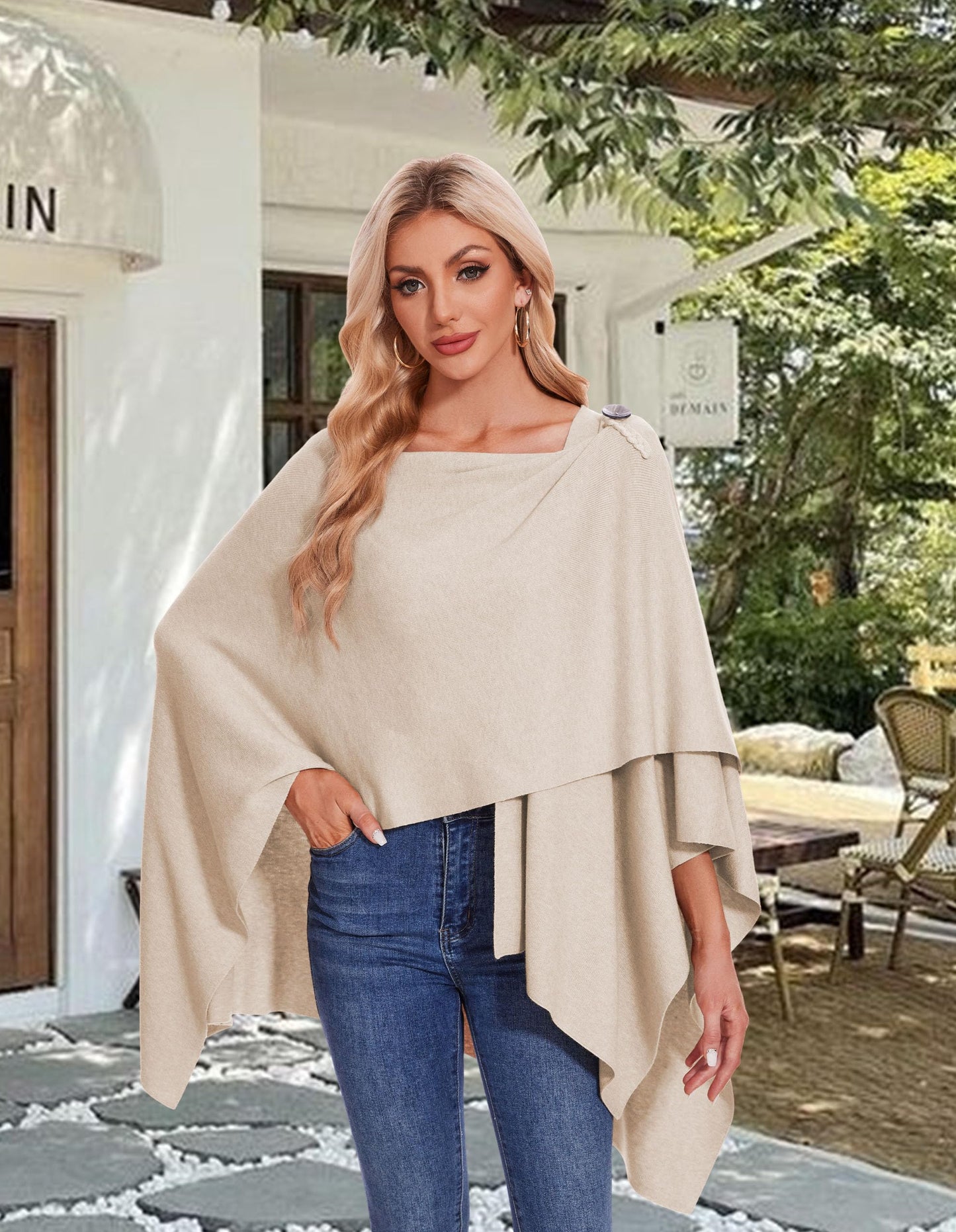 PULI Femmes Grand Poncho Croisé Sur Le Devant Pull Enveloppant Topper Tricoté Élégant Châles Cape pour l'Automne Hiver