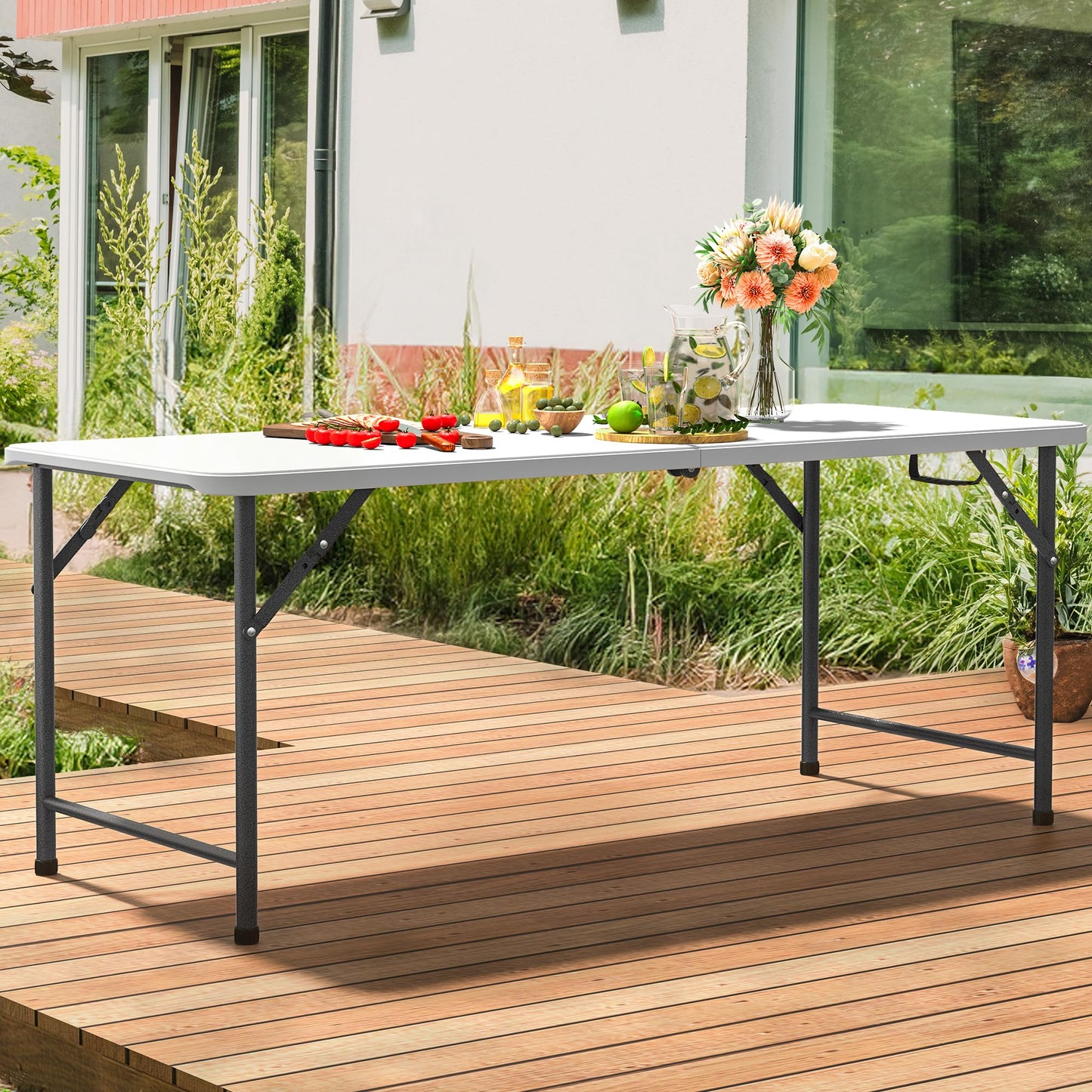 YITAHOME Table de pique-nique d'extérieur de 1,8 m avec plateau en bois, cadre en acier robuste et ouverture pour parapluie, table de pique-nique robuste idéale pour la cour, le patio, les rassemblements sur la pelouse, marron clair 