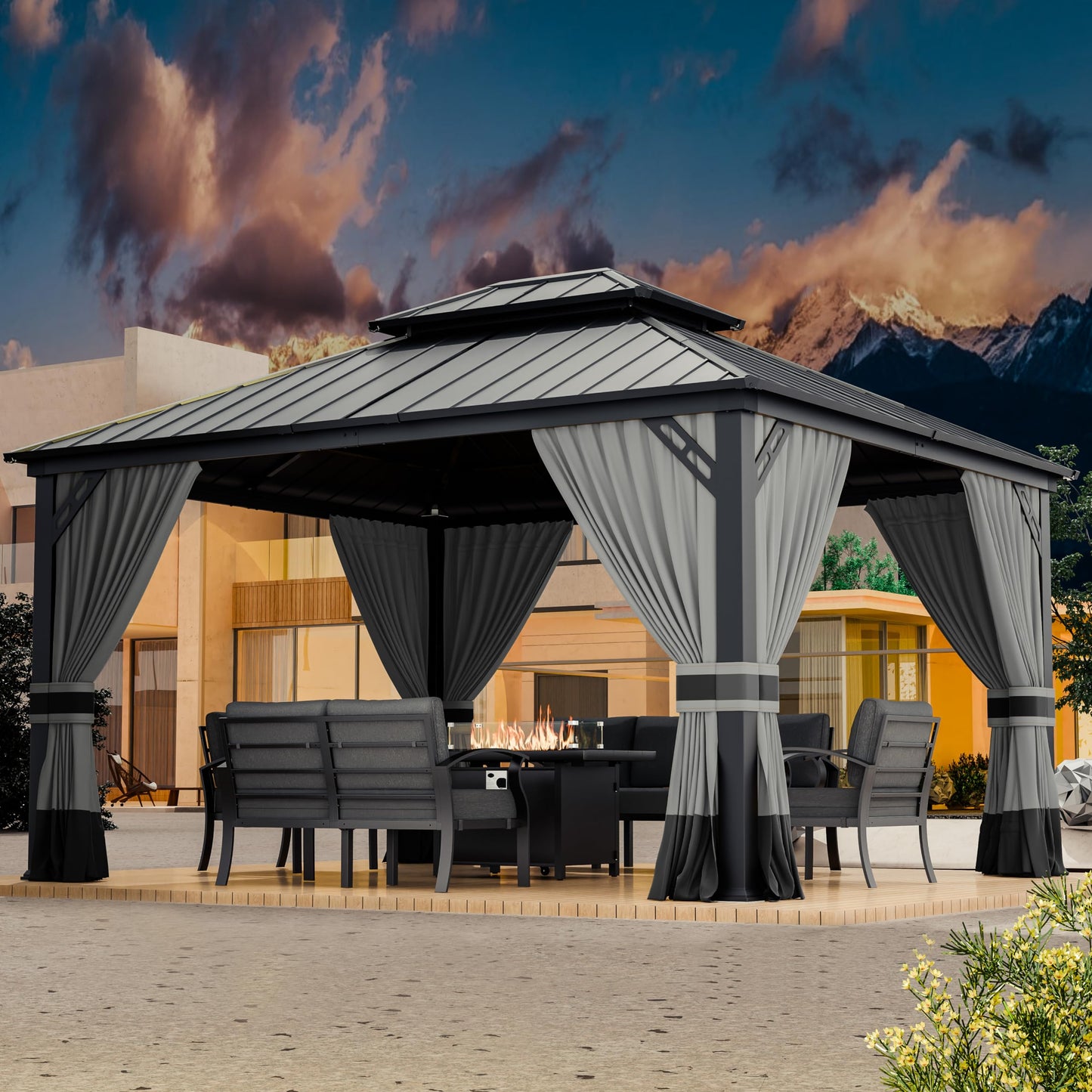 12x20ft Hardtop-Pavillon mit Doppeldach, Außenpavillon mit 2-lagigem Hardtop und verzinktem Eisenrahmen, geeignet für Innenhöfe, Hinterhöfe, Terrassen und Gras 