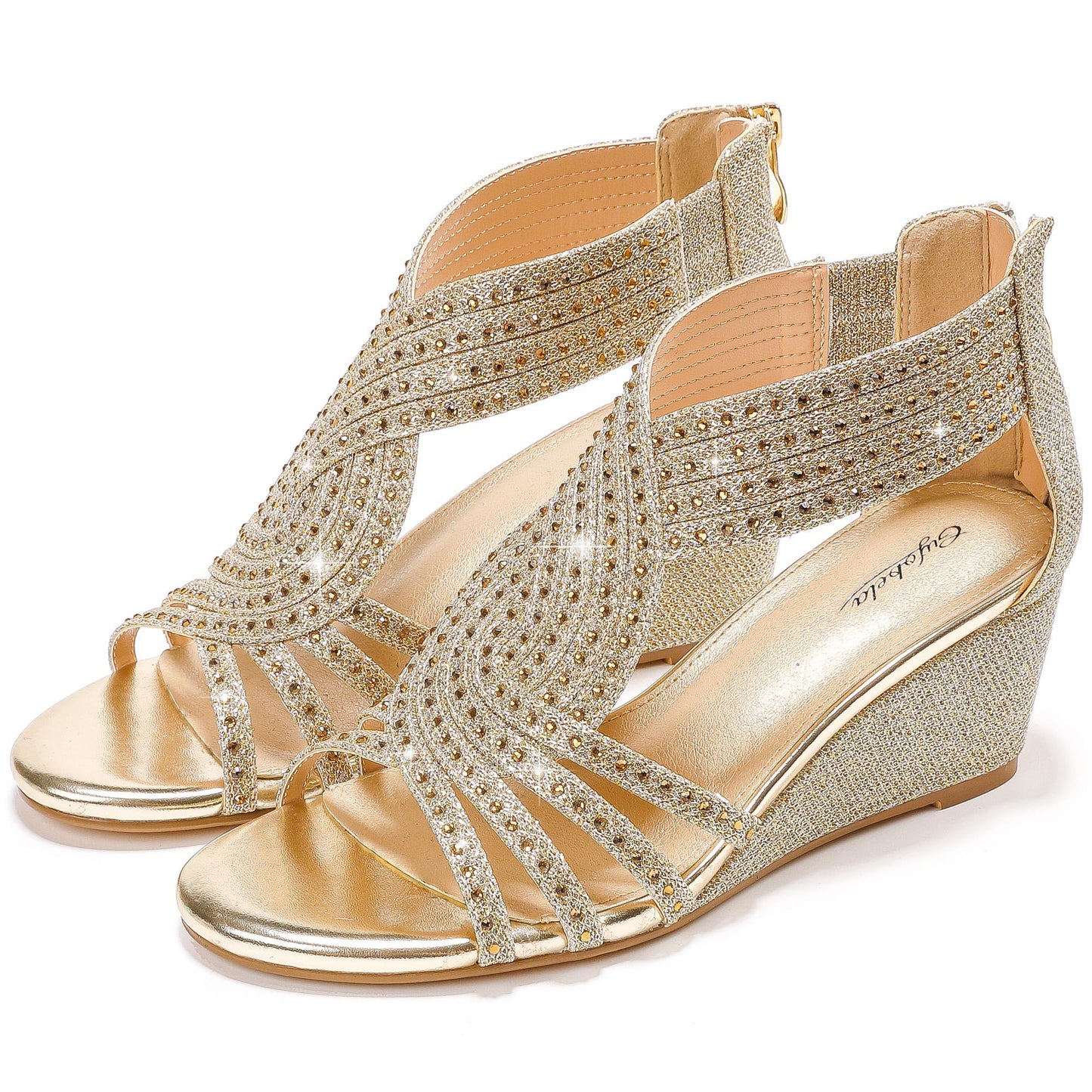 Damen Keilsandalen mit glitzernden Strasssteinen, offene Zehenpartie, modische, elegante Sandalen für Abendveranstaltungen, Hochzeiten und Abschlussbälle 