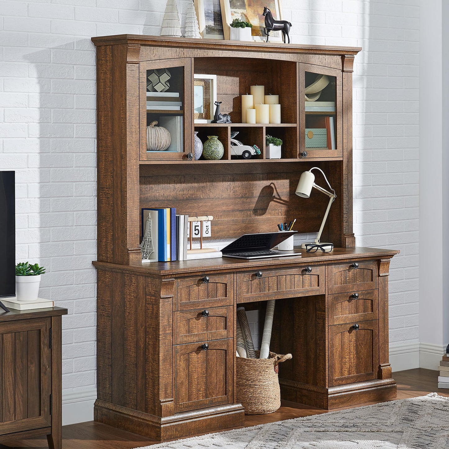 OKD 60" Executive Desk with Drawers, Farmhouse Home Office Desk with Charging Station, Keyboard Tray, File Cabinet Storage, Wood Computer Desk for Work and Study, Antique White