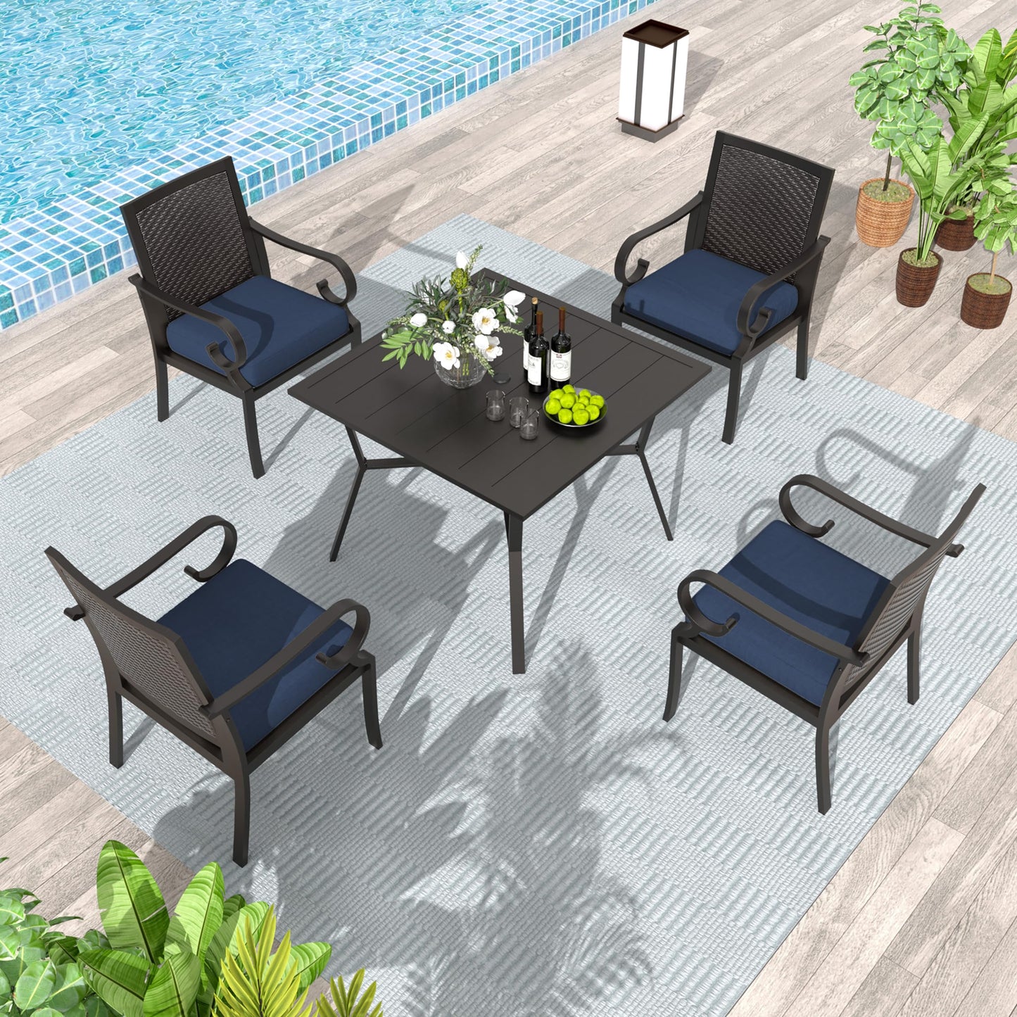 15 Pieces Patio Dining Set Outdoor Rattan Furniture Dinning Set with 3 Square Glass Tabletops 12 Chairs with Navy Blue Cushions for Patio, Backyard Outdoor Kitchen Lawn & Garden