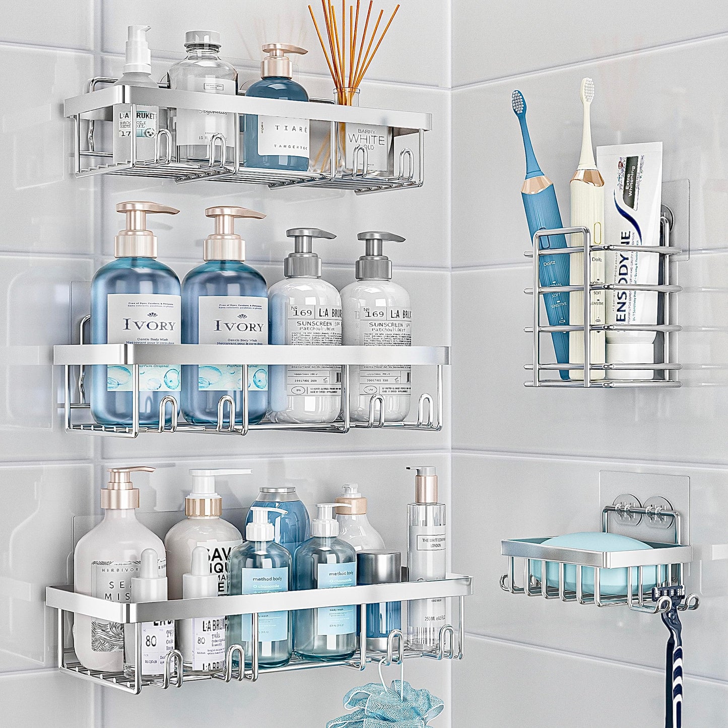 Shower Caddy 5 Pack, Bathroom Shower Organizer Rack for Inside Shower, Adhesive Shower Shelf, Shampoo Holder, Shower Basket, Metal Wall Storage, Grey