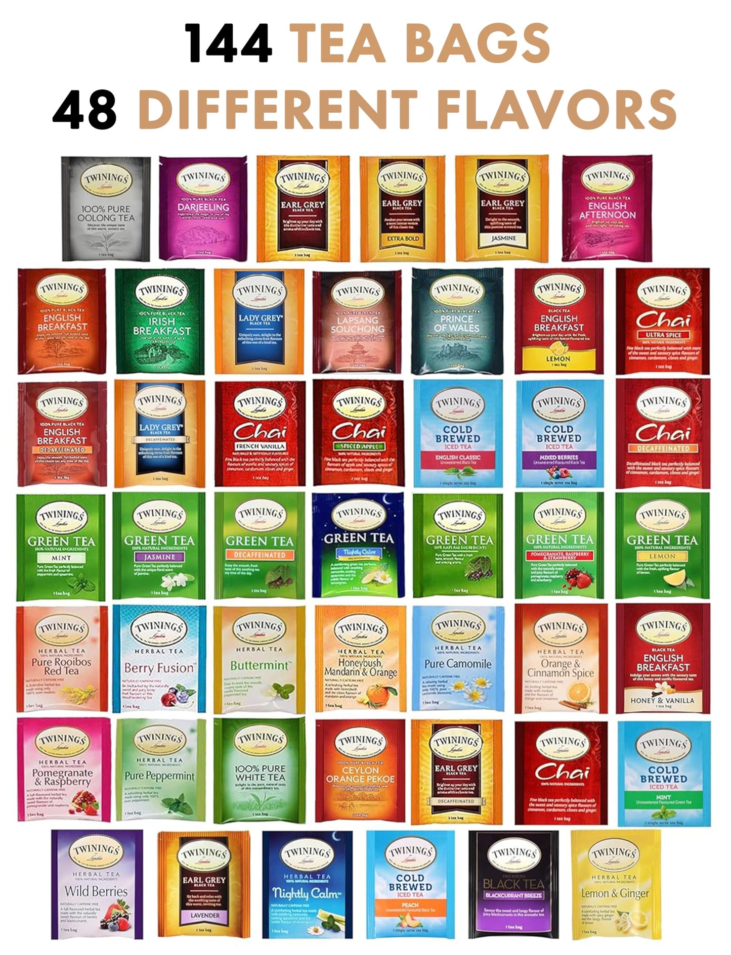 BLUE RIBBON Twinings Teebeutel-Probepackung, gemischte Packung, Geschenkbox – 48 Stück – perfekte Auswahl – English Breakfast, Grüner Tee, Schwarzer Tee, Kräutertee, Chai-Tee und mehr 