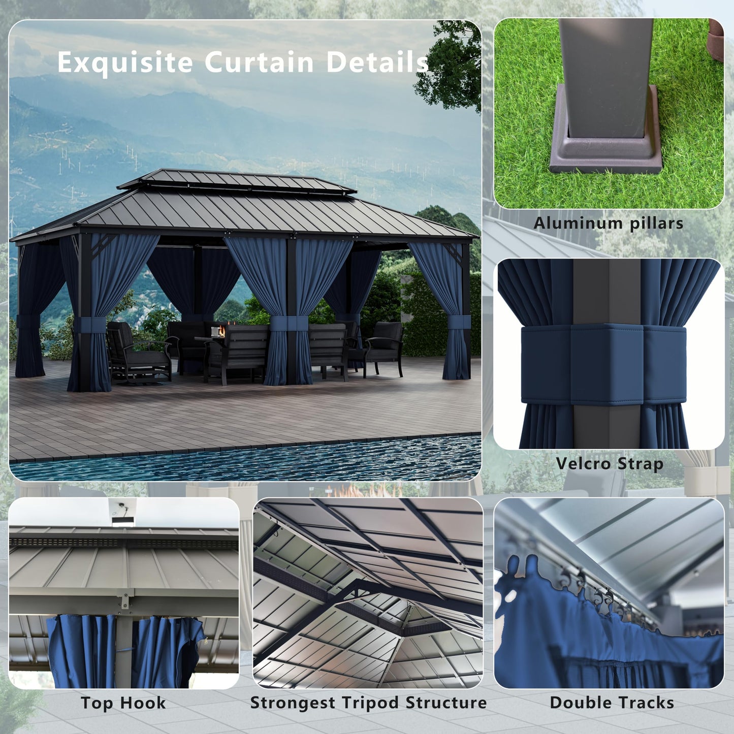 12x20ft Hardtop Gazebo Double Roof, Outdoor Pavilion with 2-Layer Hard top Galvanized Iron Frame Garden Tent, Suitable for courtyards, backyards, Decks, and Grass