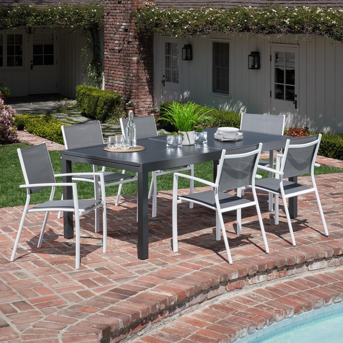 Hanover Naples 11-Piece Patio Dining Set with Rust Resistant Aluminum 40" x 118" Expanding Rectangular Dining Table w/ 10 High-Back Stackable Sling Chairs, Weather-Resistant Outdoor Dining Set for 10