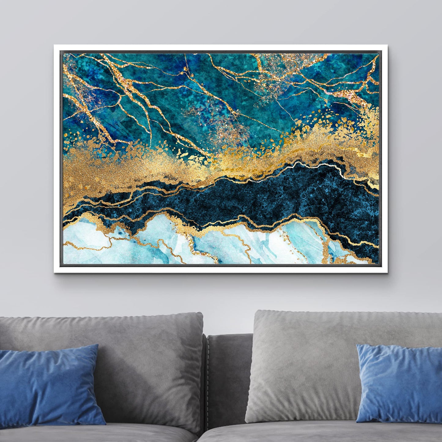 wall26 Framed Canvas Print Wall Art Purple, Gold and Teal Marble Landscape Abstract Shapes Illustrations Modern Chic Colorful Multicolor Ultra for Living Room, Bedroom, Office - 24x36 Natural