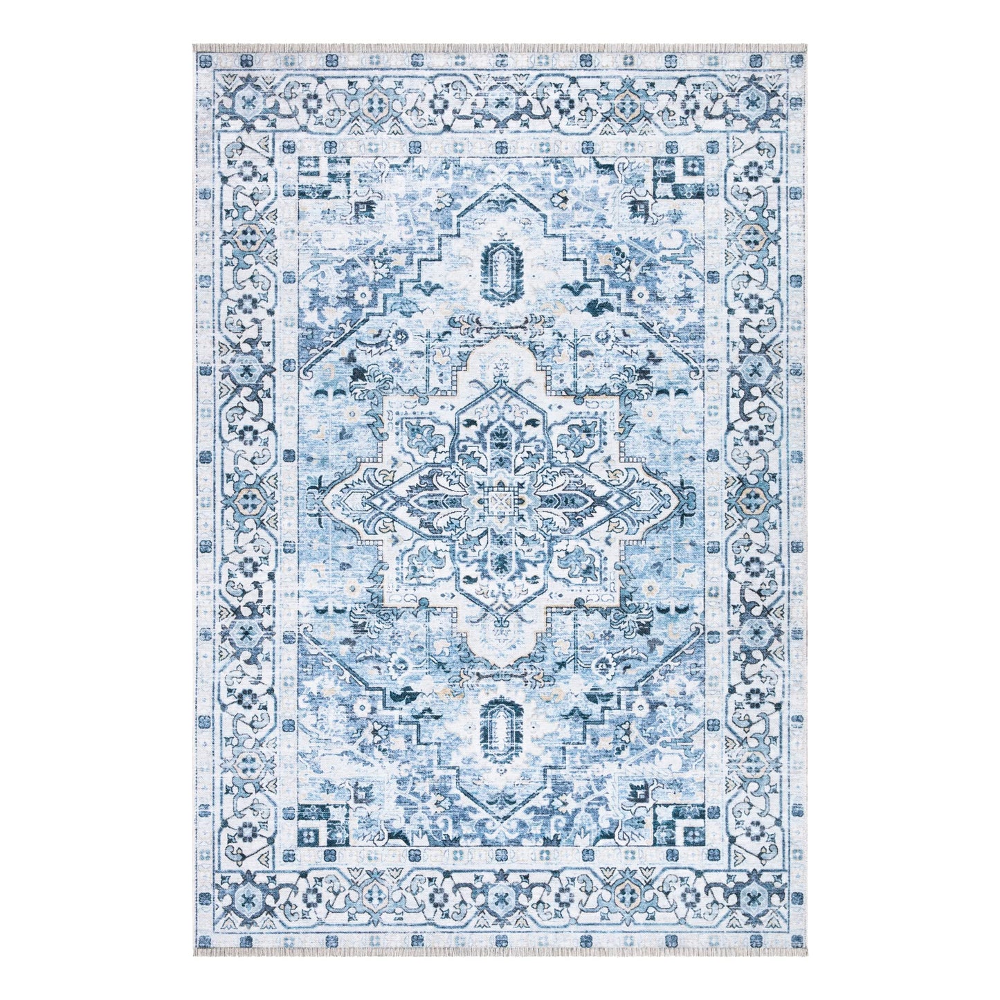 Bloom Rugs Caria, waschbarer, rutschfester Teppich, 4 x 6 Zoll, blauer traditioneller Teppich für Wohnzimmer, Schlafzimmer, Esszimmer und Küche, genaue Größe: 4 x 6 Fuß 