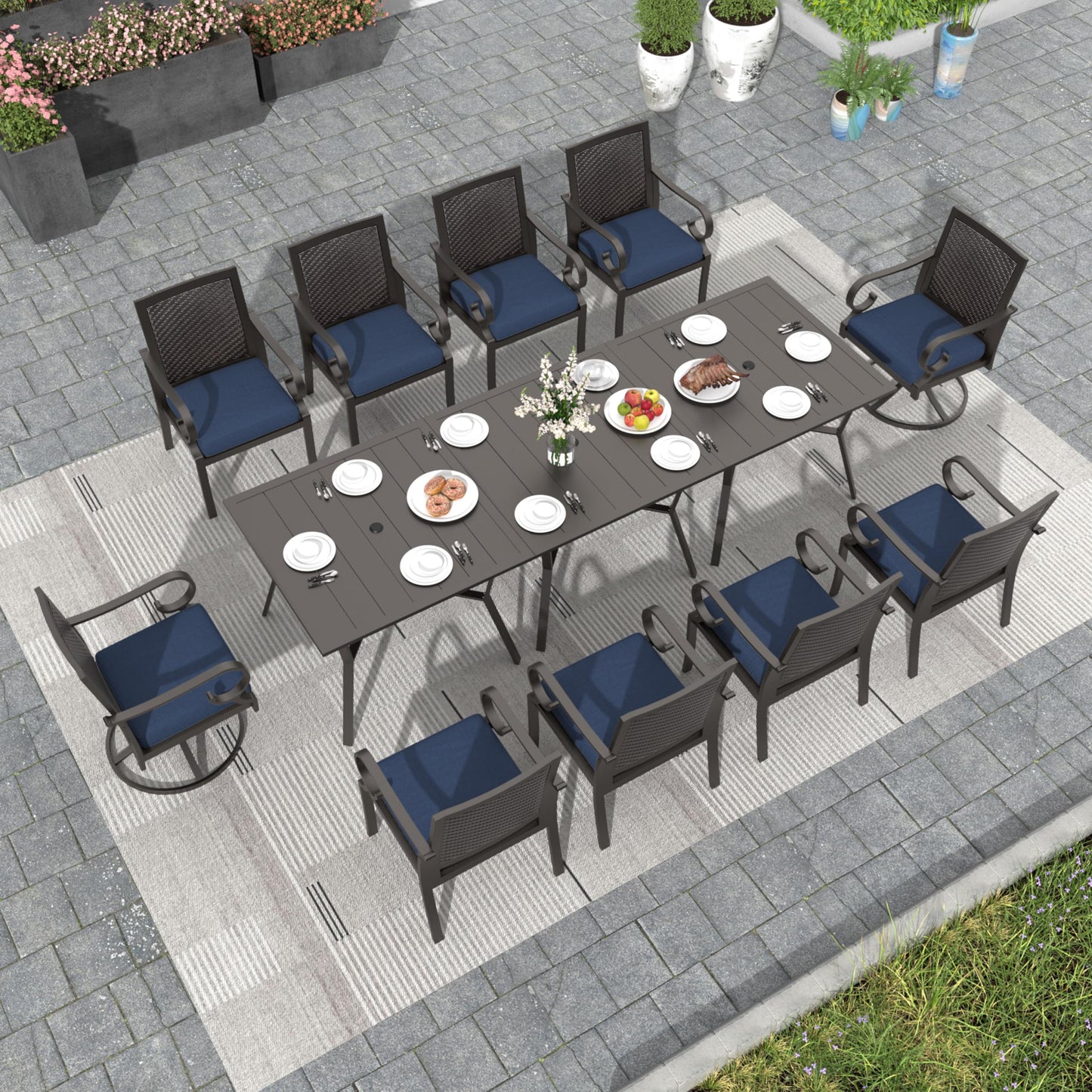 15 Pieces Patio Dining Set Outdoor Rattan Furniture Dinning Set with 3 Square Glass Tabletops 12 Chairs with Navy Blue Cushions for Patio, Backyard Outdoor Kitchen Lawn & Garden