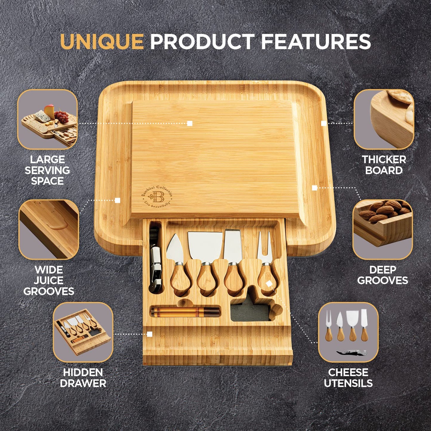 Charcuterie Board Gift Set - Bamboo Cheese Board and Knife Set