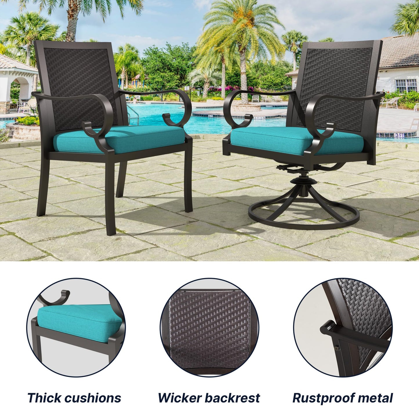 15 Pieces Patio Dining Set Outdoor Rattan Furniture Dinning Set with 3 Square Glass Tabletops 12 Chairs with Navy Blue Cushions for Patio, Backyard Outdoor Kitchen Lawn & Garden