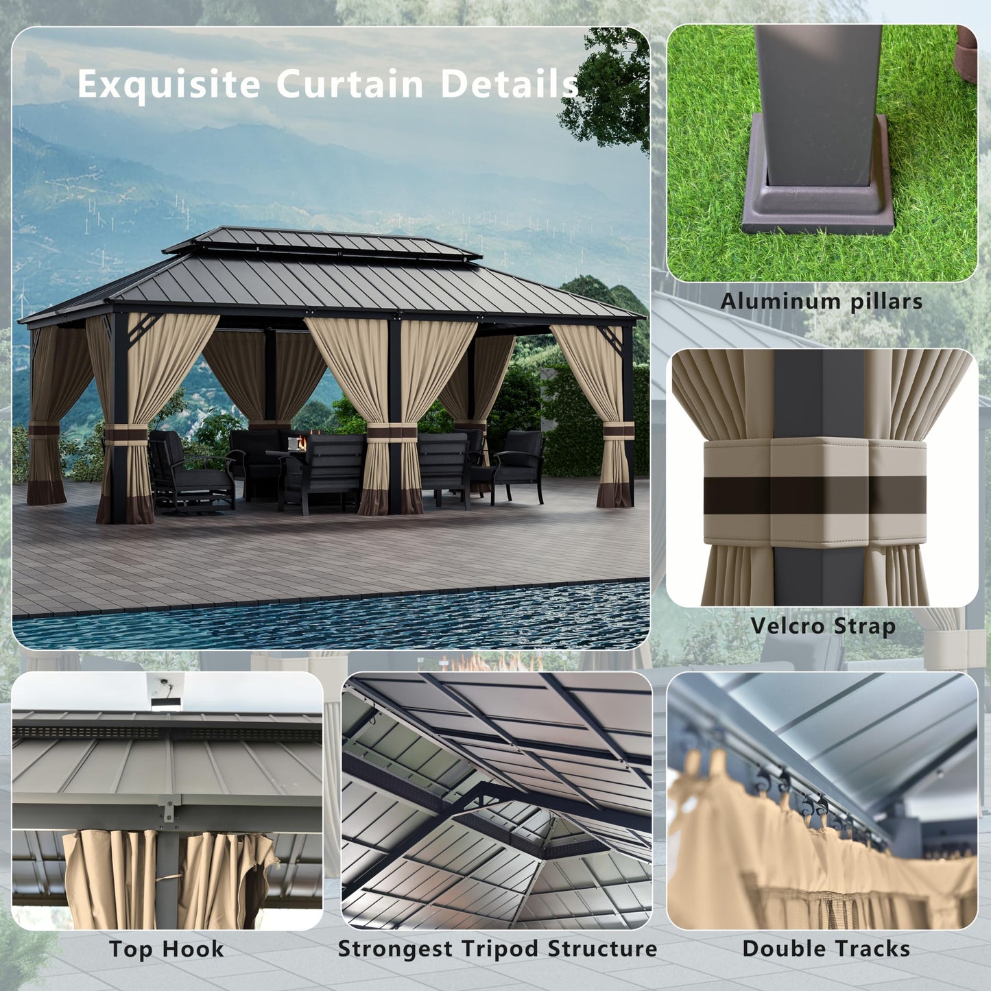 12x20ft Hardtop Gazebo Double Roof, Outdoor Pavilion with 2-Layer Hard top Galvanized Iron Frame Garden Tent, Suitable for courtyards, backyards, Decks, and Grass