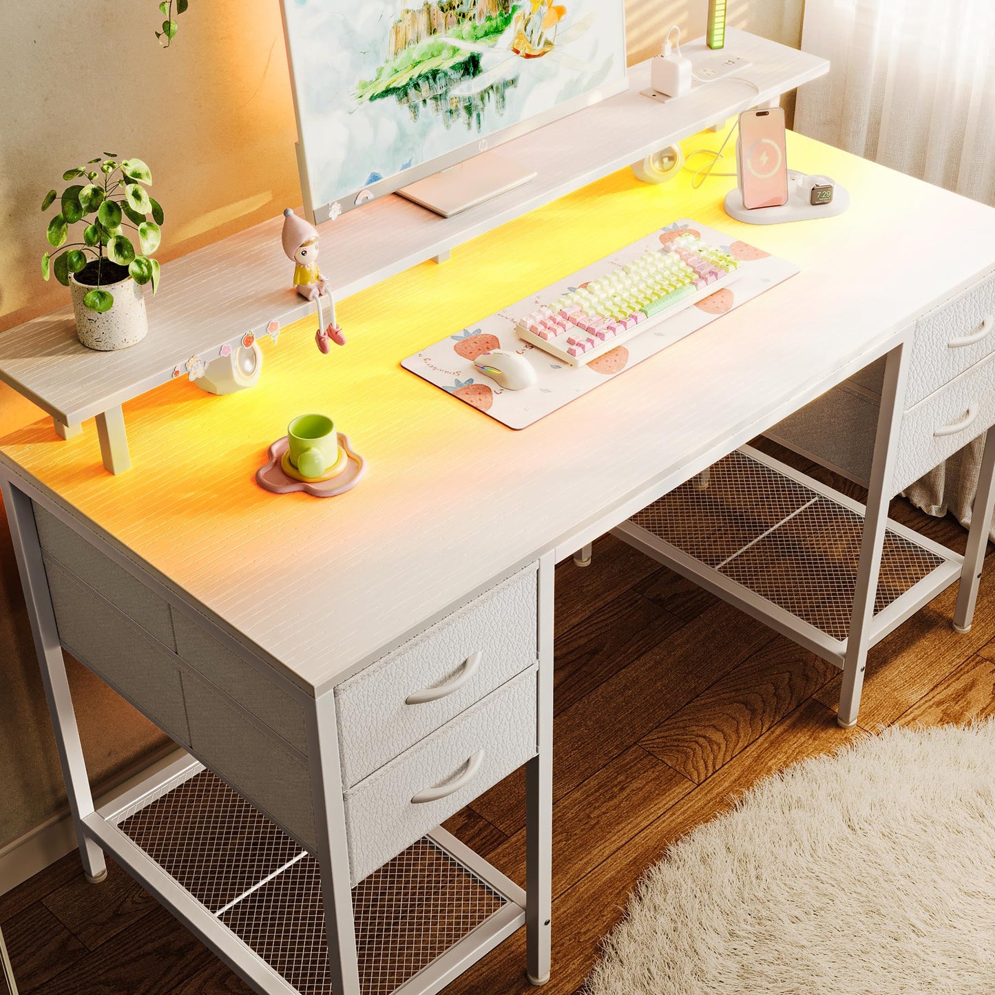 Bureau d'ordinateur Huuger de 47 pouces avec 4 tiroirs, bureau de jeu avec lumières LED et prises de courant, bureau à domicile avec grand espace de rangement pour chambre à coucher, travail à domicile, noir 