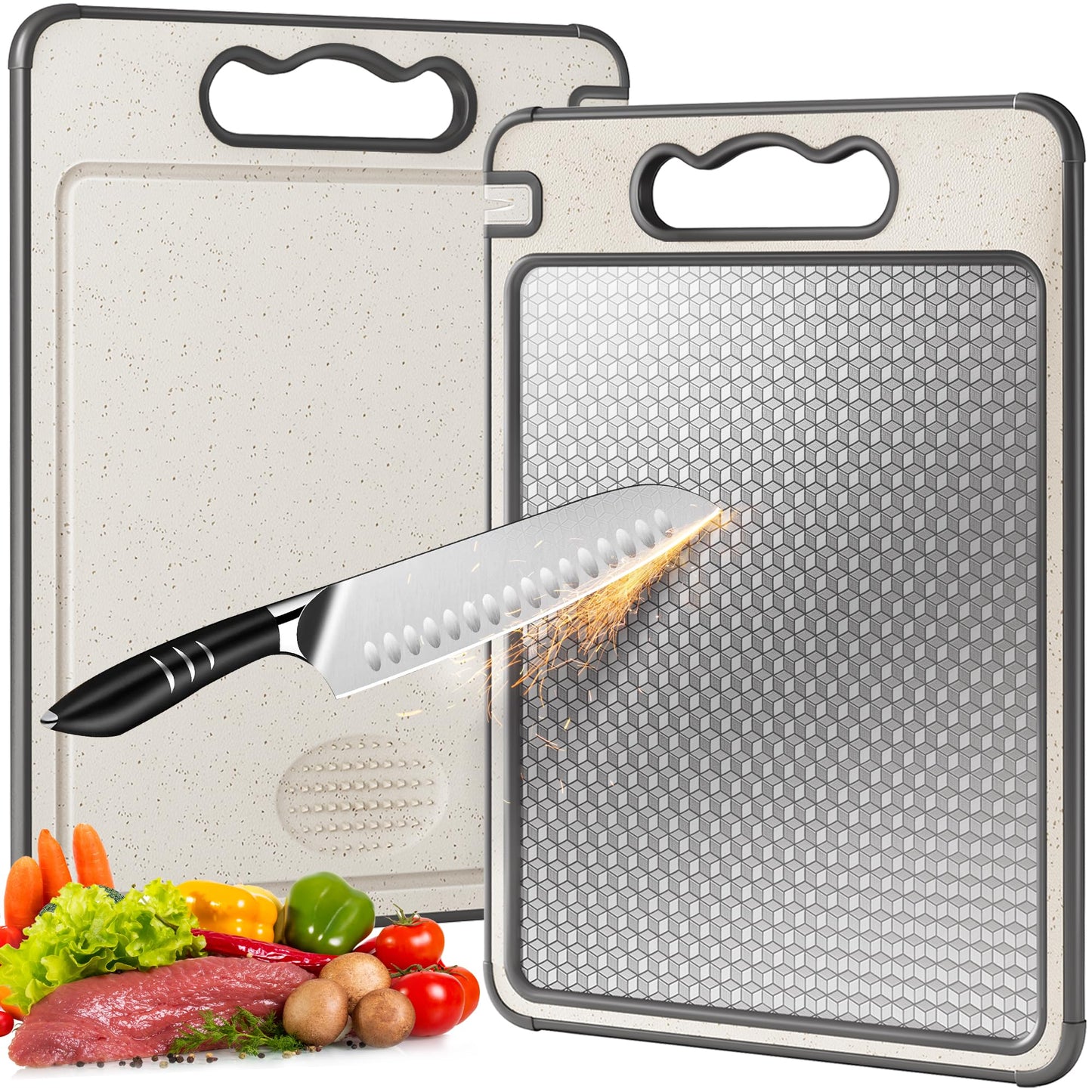 Double Sided 304 Stainless Steel & Wheat Straw Cutting Board, 14.4"*9.8" Non Toxic Lightweight Chopping Board, Separately Handle Meat and Vegetables, Dishwasher Safe, Scratch Resistant Mesh Design