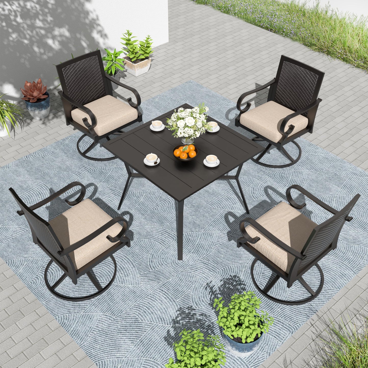 15 Pieces Patio Dining Set Outdoor Rattan Furniture Dinning Set with 3 Square Glass Tabletops 12 Chairs with Navy Blue Cushions for Patio, Backyard Outdoor Kitchen Lawn & Garden