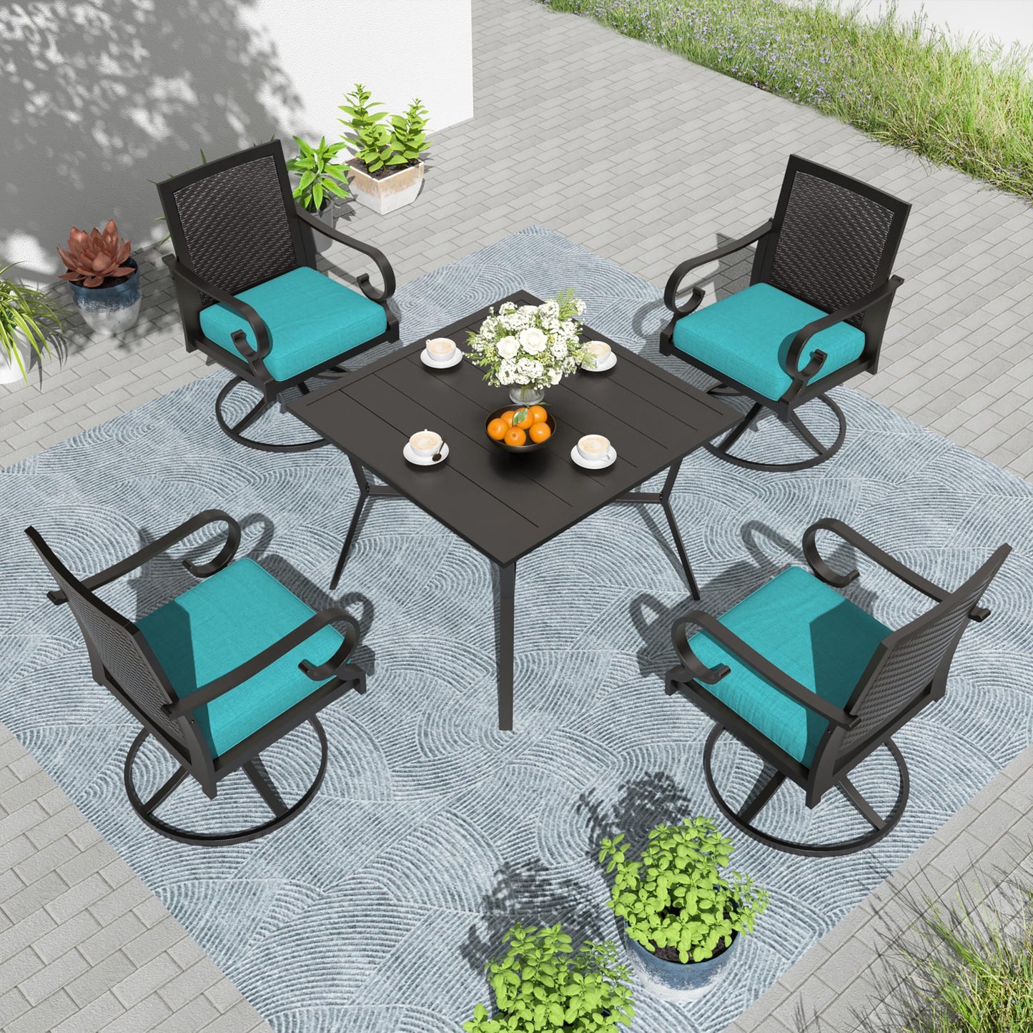 Ensemble de salle à manger de patio 15 pièces Meubles d'extérieur en rotin Ensemble de salle à manger avec 3 plateaux de table carrés en verre 12 chaises avec coussins bleu marine pour patio, arrière-cour, cuisine extérieure, pelouse et jardin 