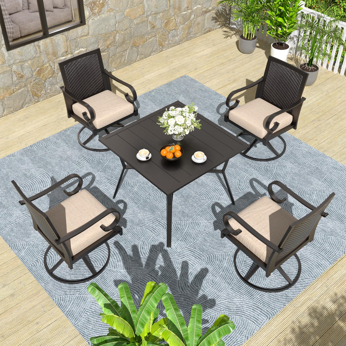 15 Pieces Patio Dining Set Outdoor Rattan Furniture Dinning Set with 3 Square Glass Tabletops 12 Chairs with Navy Blue Cushions for Patio, Backyard Outdoor Kitchen Lawn & Garden