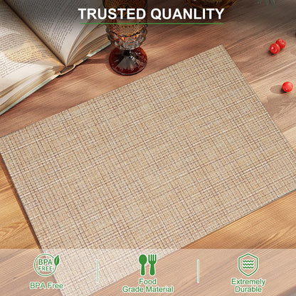 Set of 6 Placemats – Washable Woven Vinyl Table Mats for Dining, Kitchen, Indoor/Outdoor Use