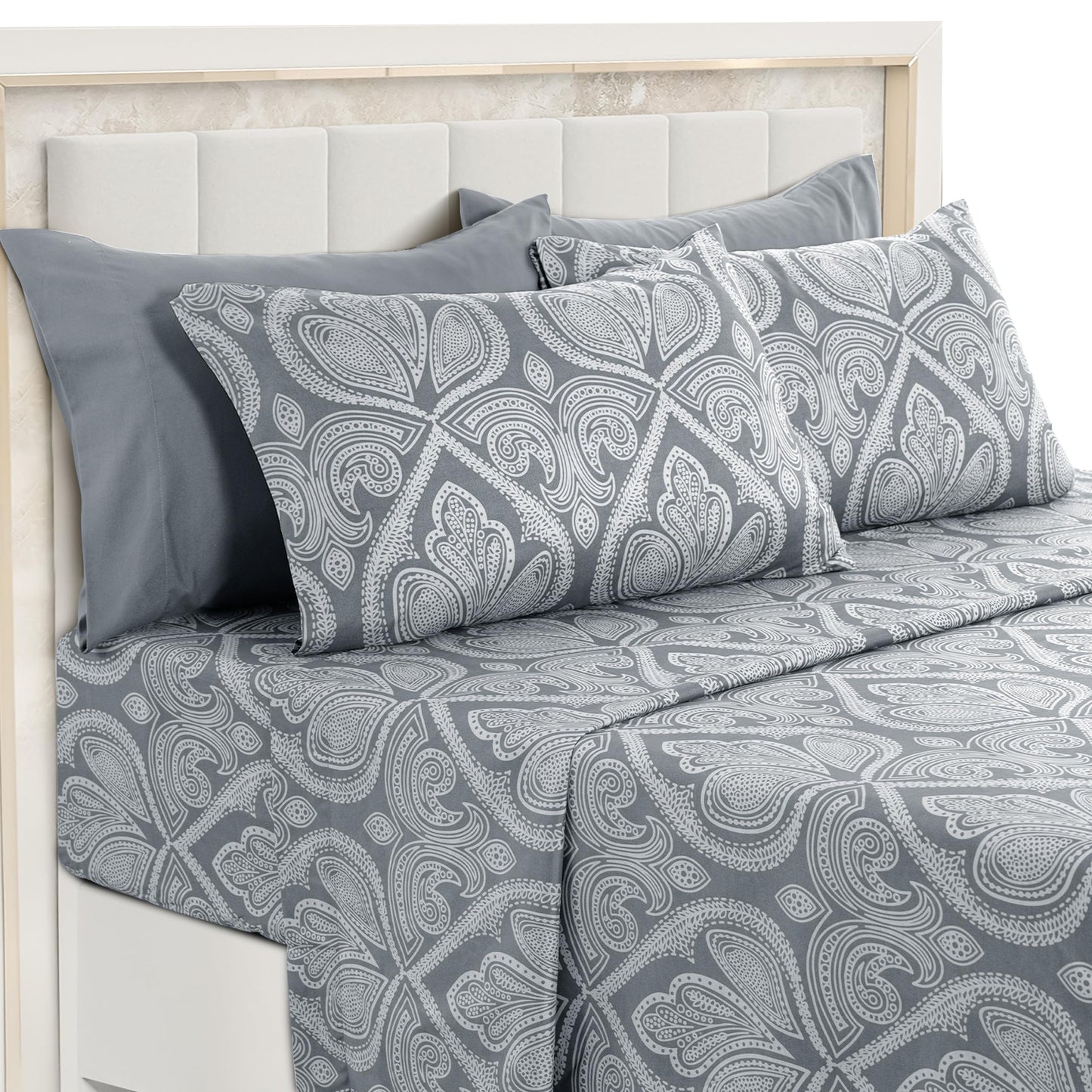 Parure de lit LUX Decor Paisley King, 6 pièces, draps doux en microfibre infroissables – Draps de lit imprimés luxueux comprenant un drap plat, un drap-housse avec poches profondes et 4 taies d'oreiller – Taupe 