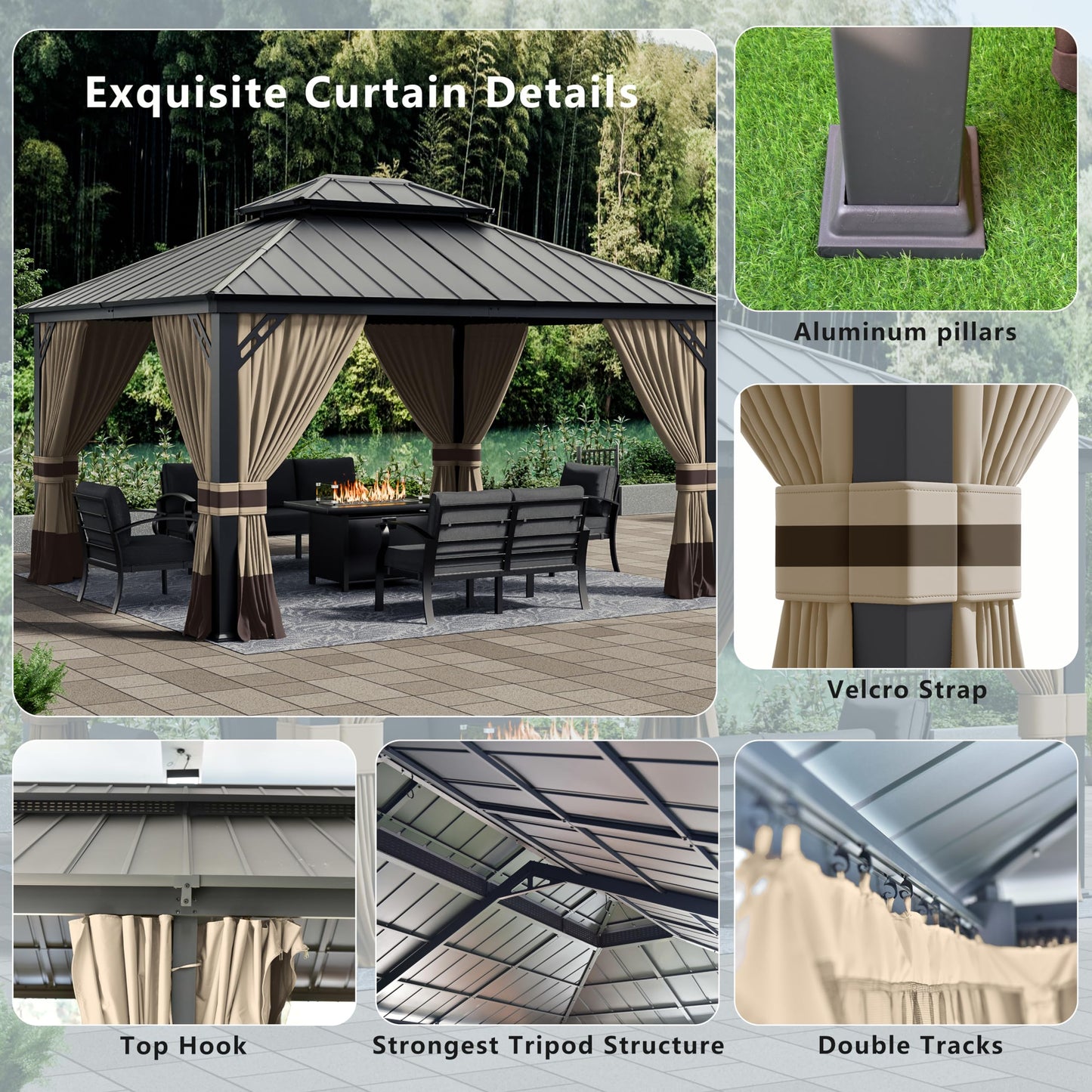 12x20ft Hardtop Gazebo Double Roof, Outdoor Pavilion with 2-Layer Hard top Galvanized Iron Frame Garden Tent, Suitable for courtyards, backyards, Decks, and Grass