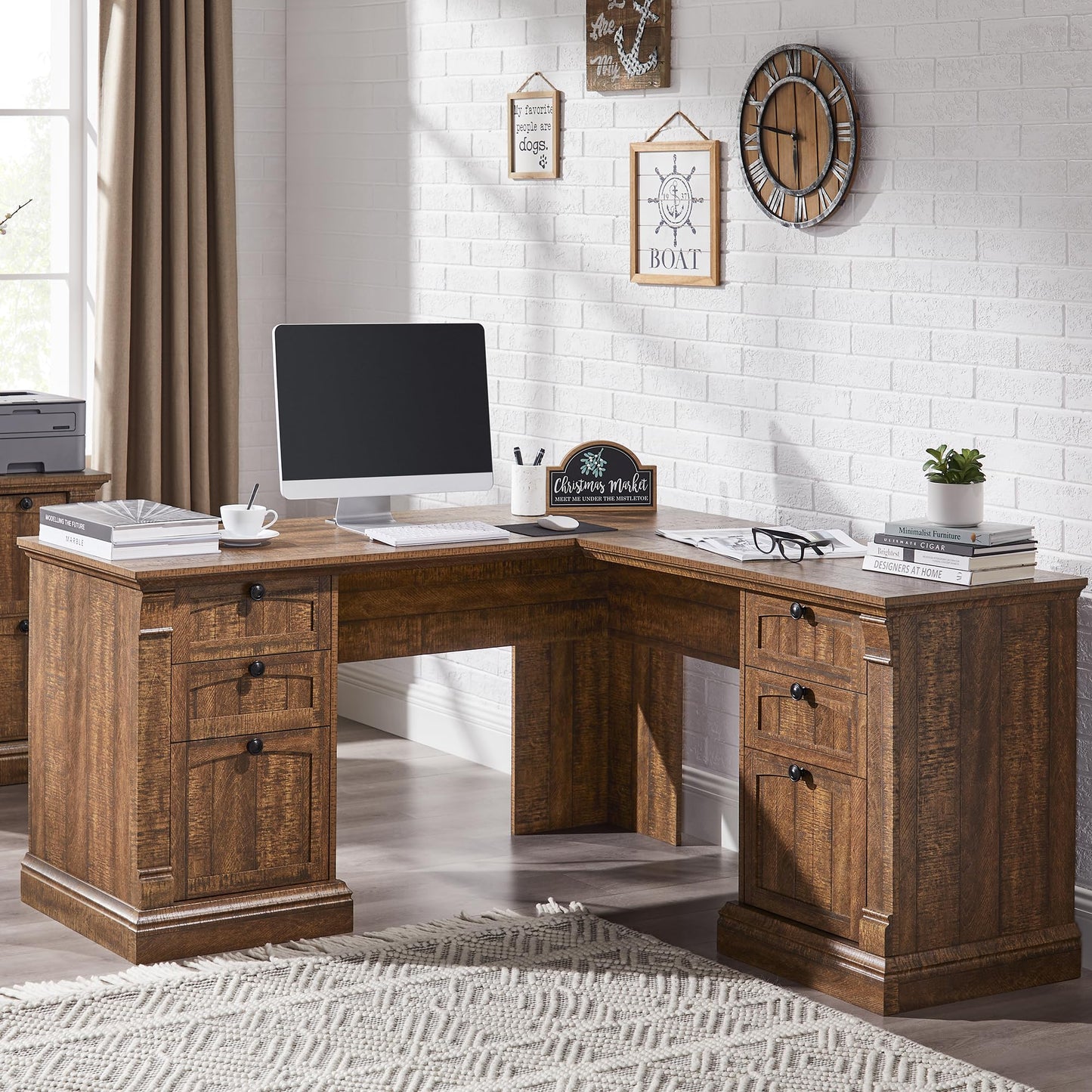 OKD 60" Executive Desk with Drawers, Farmhouse Home Office Desk with Charging Station, Keyboard Tray, File Cabinet Storage, Wood Computer Desk for Work and Study, Antique White