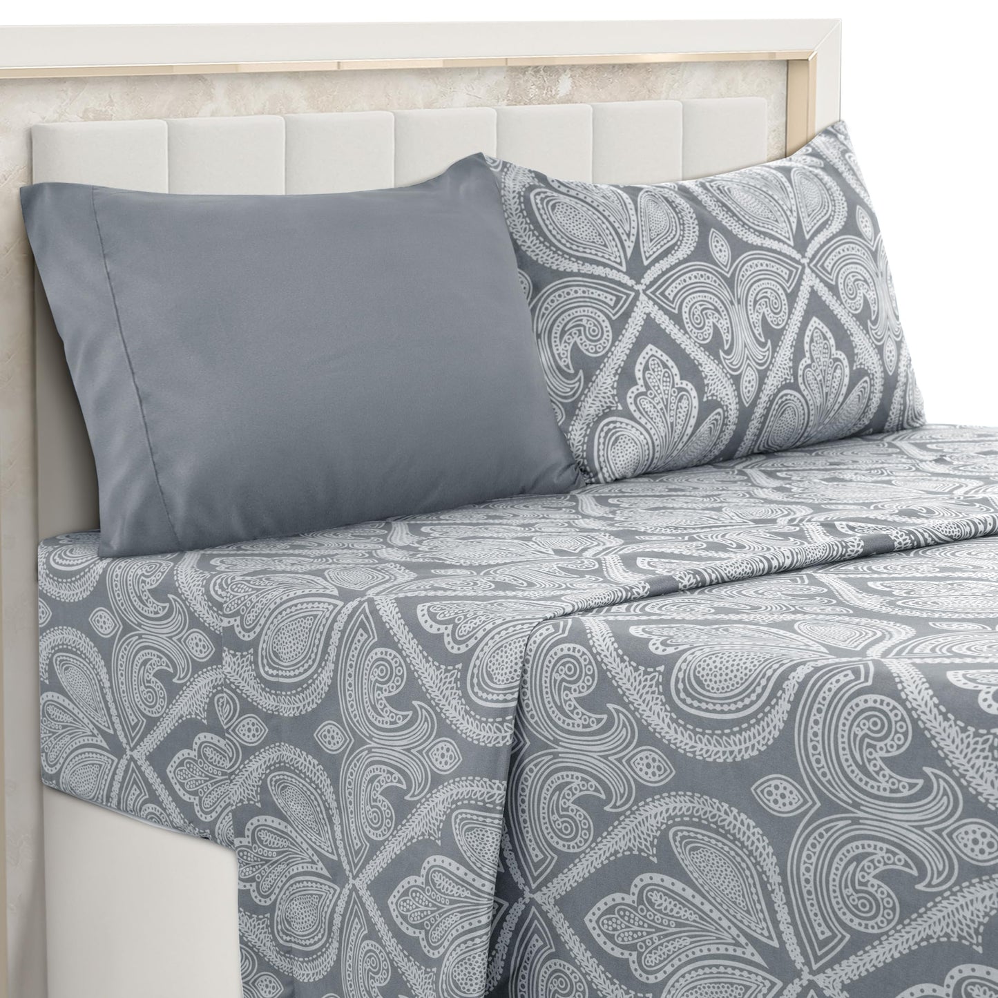 Parure de lit LUX Decor Paisley King, 6 pièces, draps doux en microfibre infroissables – Draps de lit imprimés luxueux comprenant un drap plat, un drap-housse avec poches profondes et 4 taies d'oreiller – Taupe 