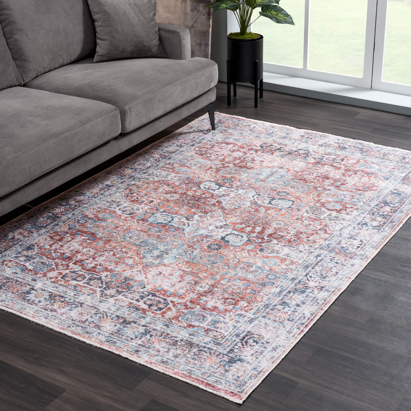 Bloom Rugs Caria, waschbarer, rutschfester Teppich, 4 x 6 Zoll, blauer traditioneller Teppich für Wohnzimmer, Schlafzimmer, Esszimmer und Küche, genaue Größe: 4 x 6 Fuß 