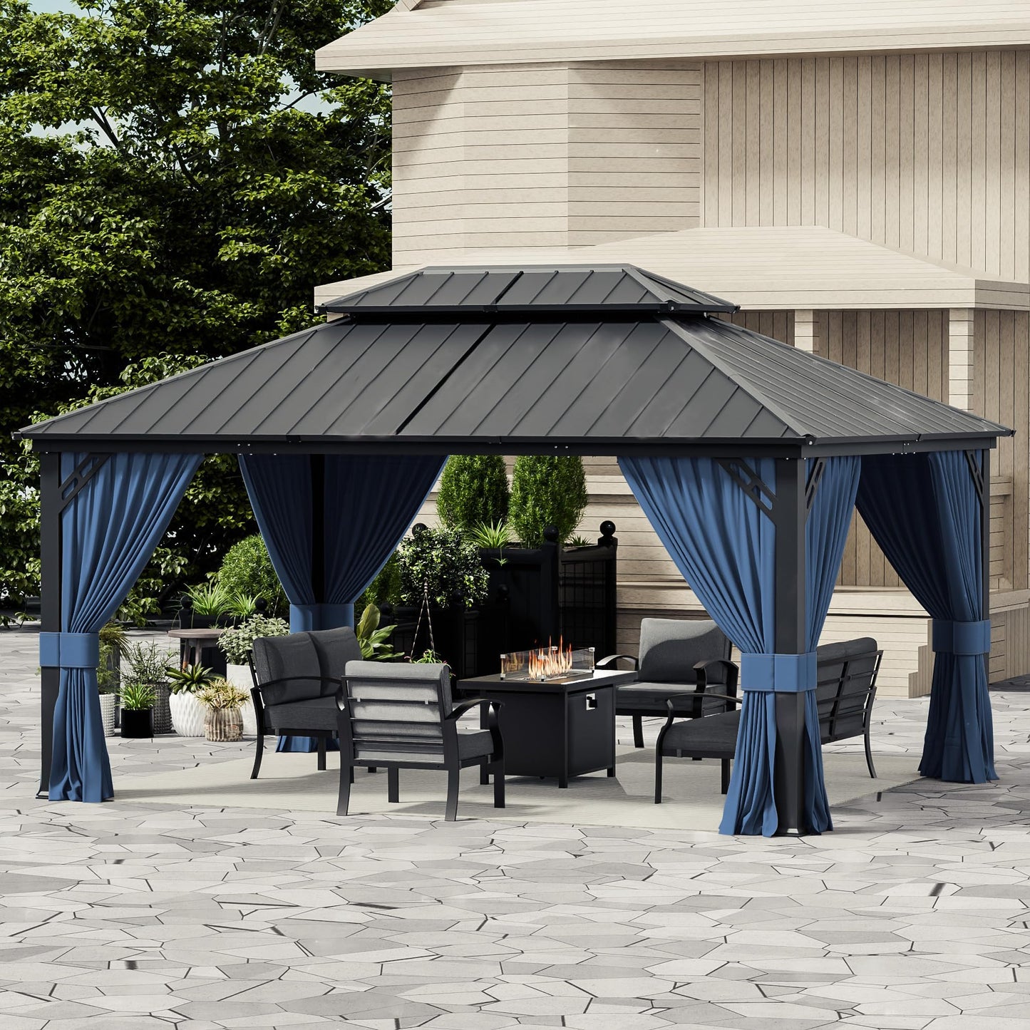 12x20ft Hardtop Gazebo Double Roof, Outdoor Pavilion with 2-Layer Hard top Galvanized Iron Frame Garden Tent, Suitable for courtyards, backyards, Decks, and Grass