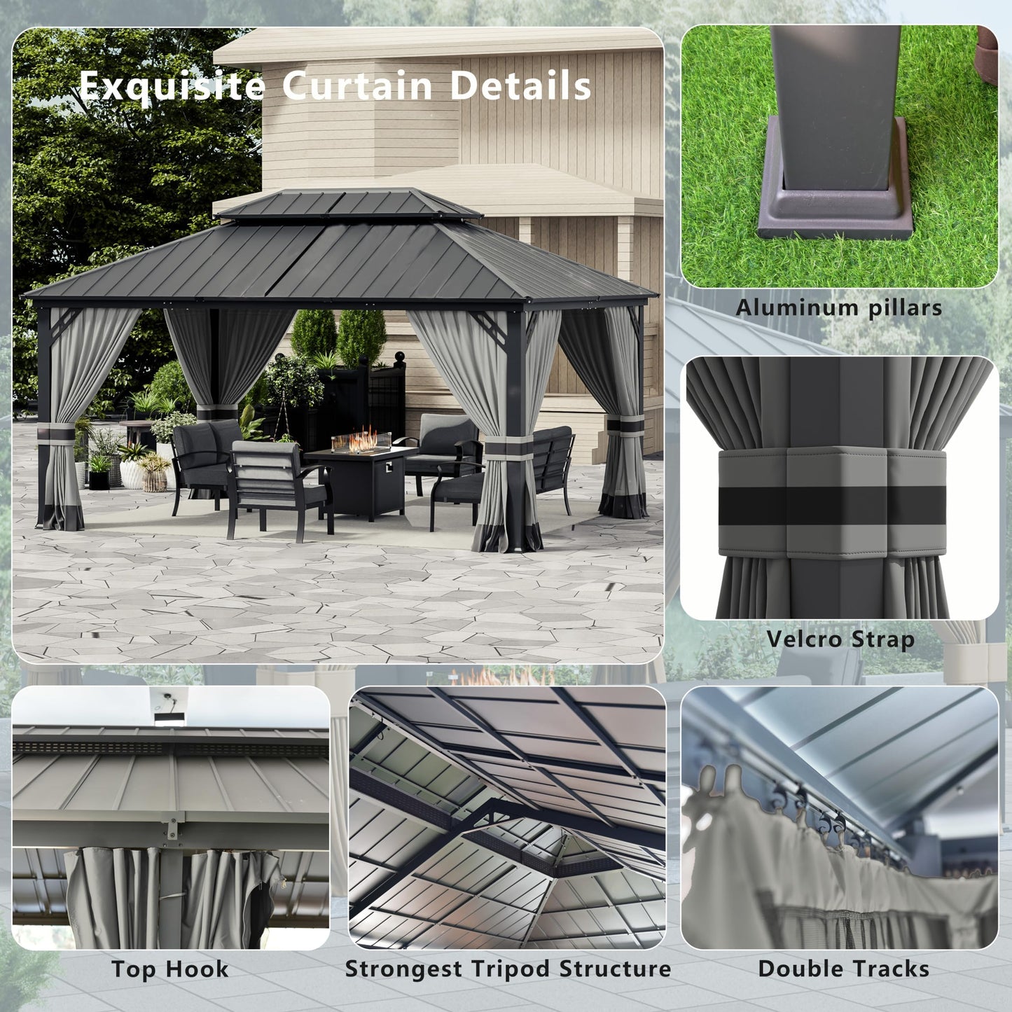 12x20ft Hardtop Gazebo Double Roof, Outdoor Pavilion with 2-Layer Hard top Galvanized Iron Frame Garden Tent, Suitable for courtyards, backyards, Decks, and Grass