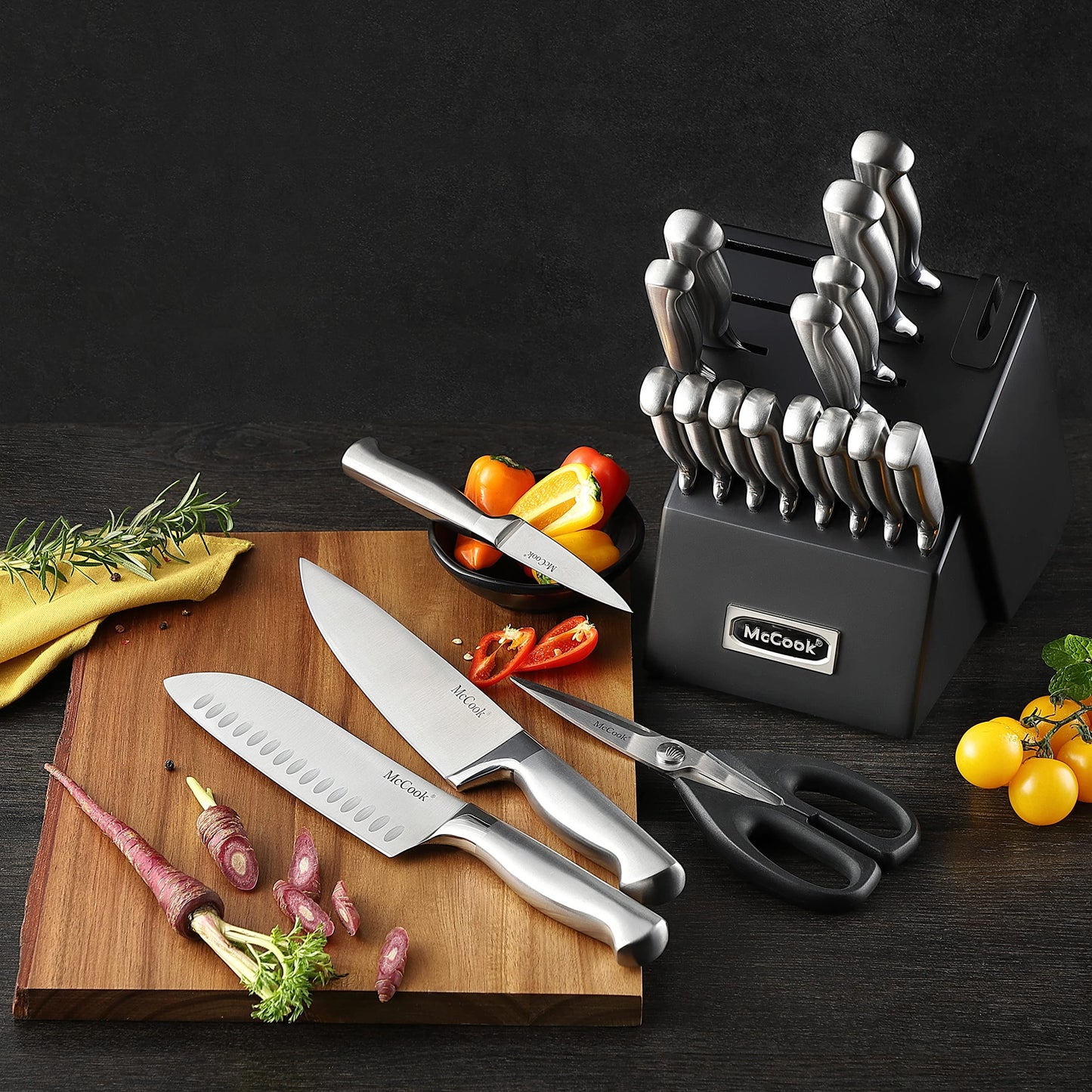 McCook® Knife Sets, Golden Titanium Stainless Steel Kitchen Knife Block Sets with Built-in Sharpener