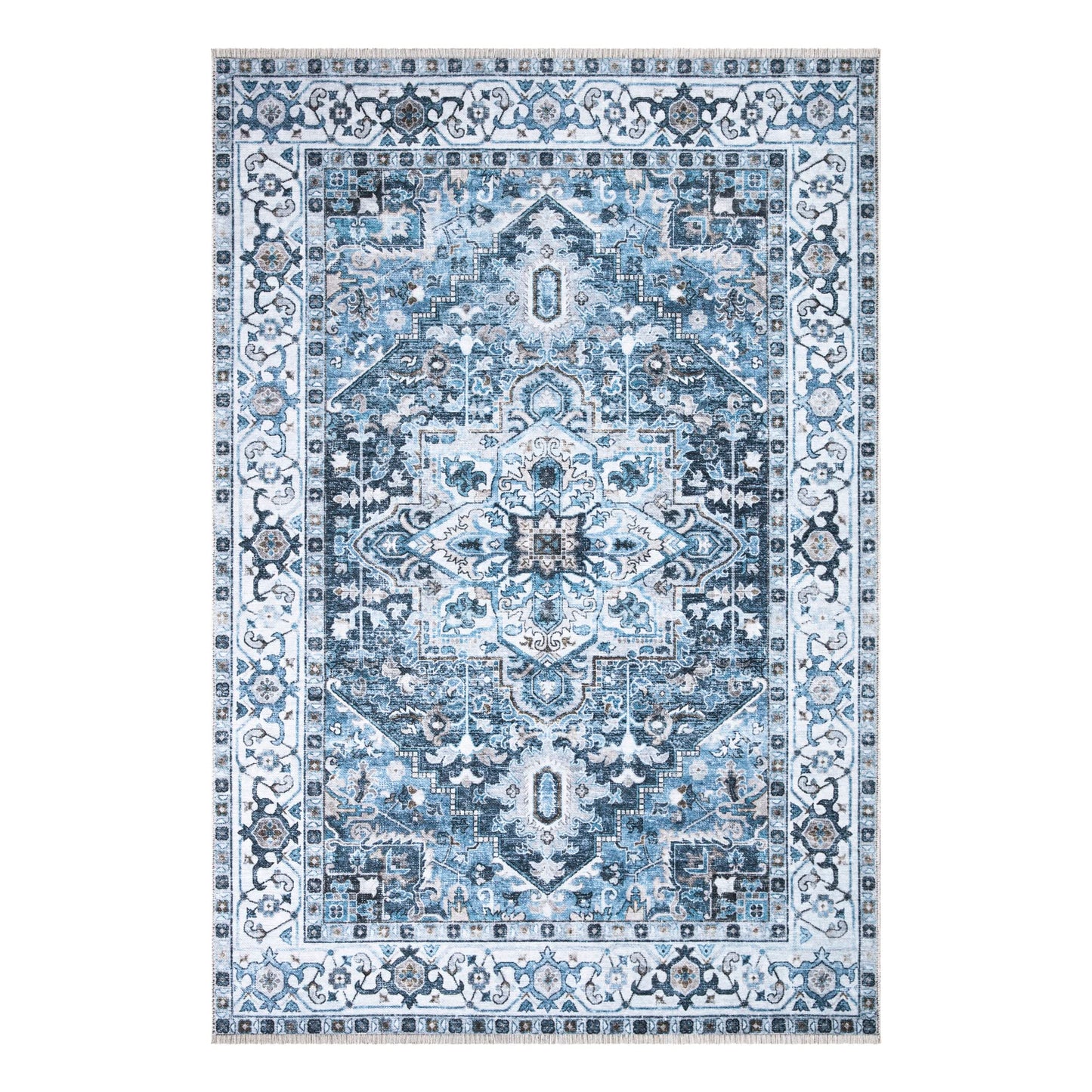 Tapis lavable antidérapant Bloom Rugs Caria 4x6 - Tapis traditionnel bleu pour salon, chambre, salle à manger et cuisine - Taille exacte : 4' x 6' 