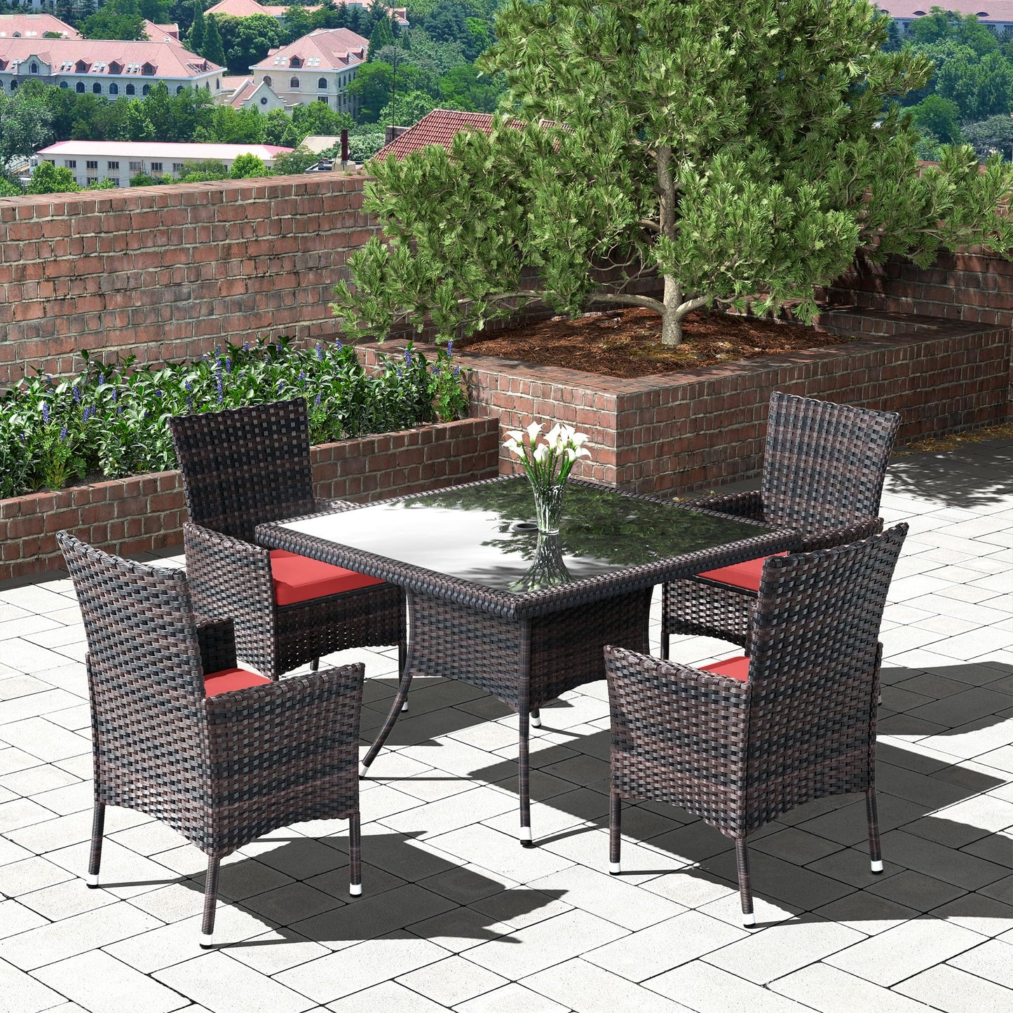 15 Pieces Patio Dining Set Outdoor Rattan Furniture Dinning Set with 3 Square Glass Tabletops 12 Chairs with Navy Blue Cushions for Patio, Backyard Outdoor Kitchen Lawn & Garden