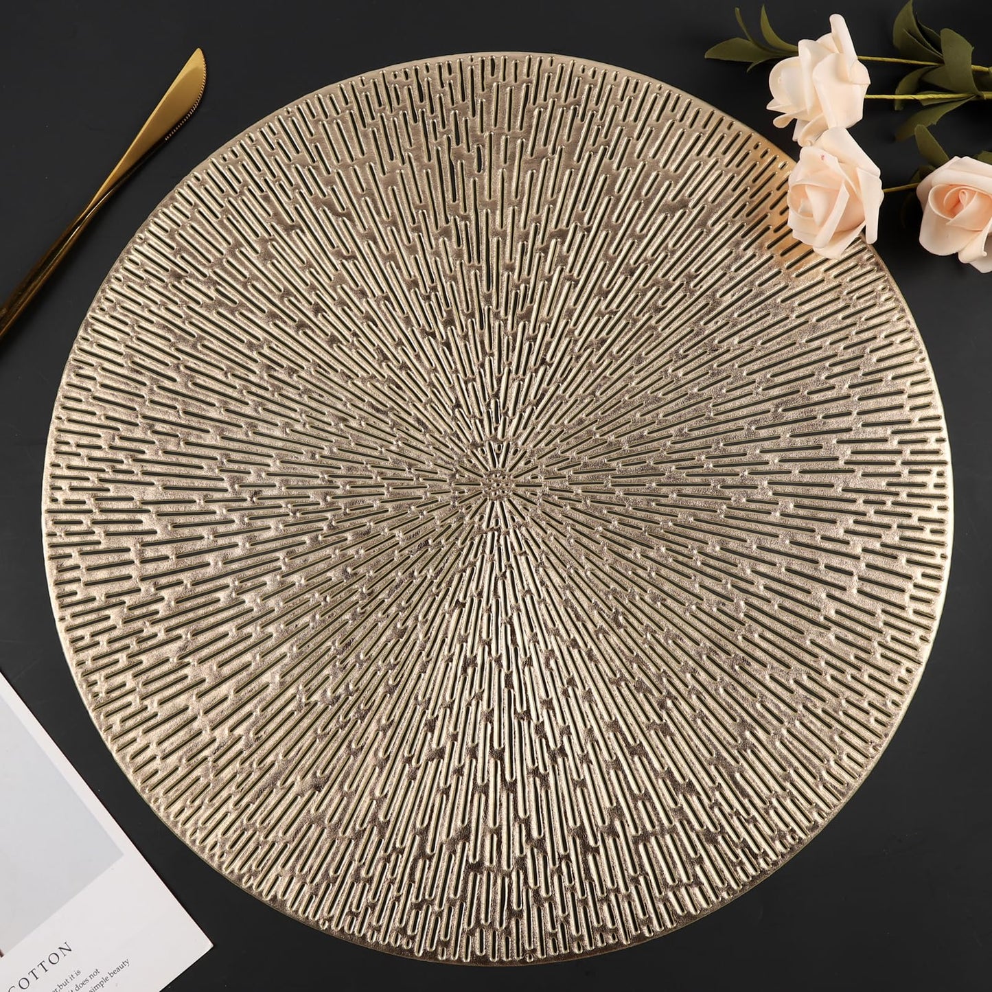 Silver Round Placemats, Hollow Out Washable and Wipeable Place Mats, Pressed Vinyl Table Mats Set of 6 for Anniversary Dinner Kitchen Decorations