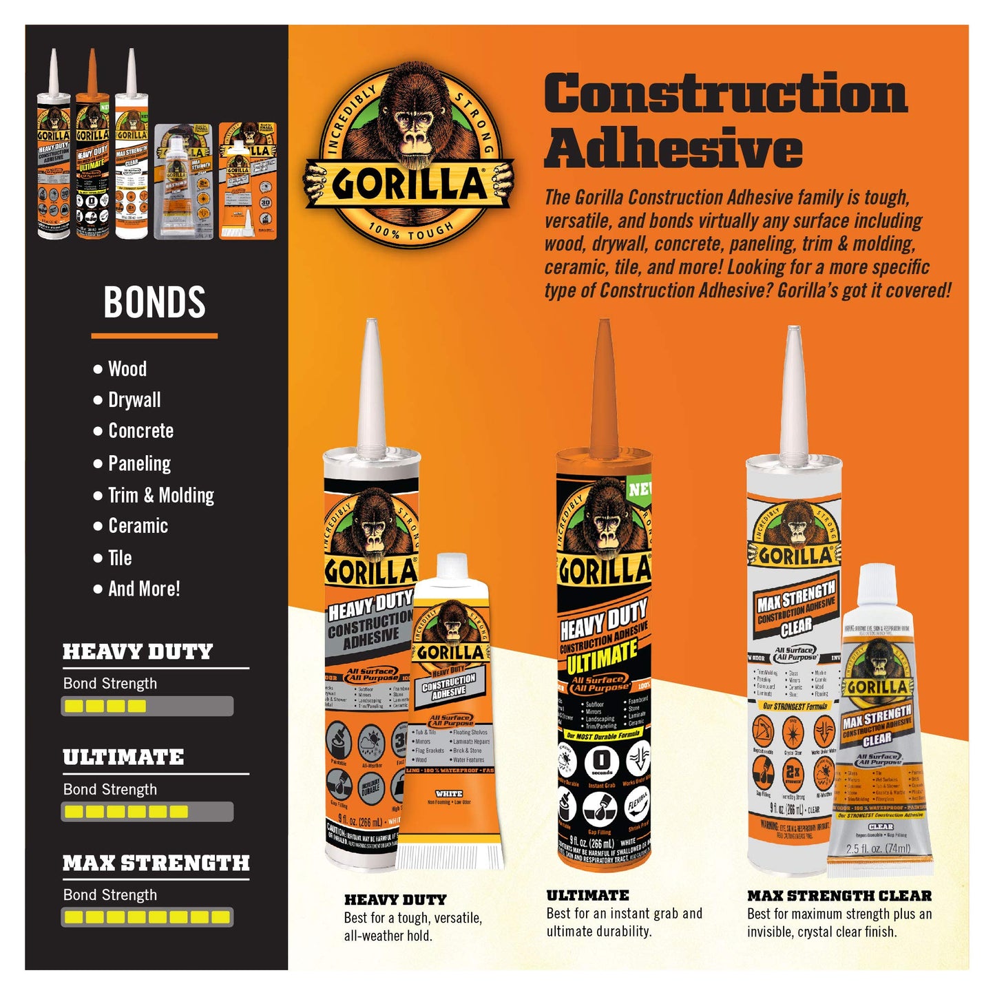 Gorilla Max Strength Construction Adhesive, Clear Glue, Squeeze Tube - Gap Filling and Waterproof