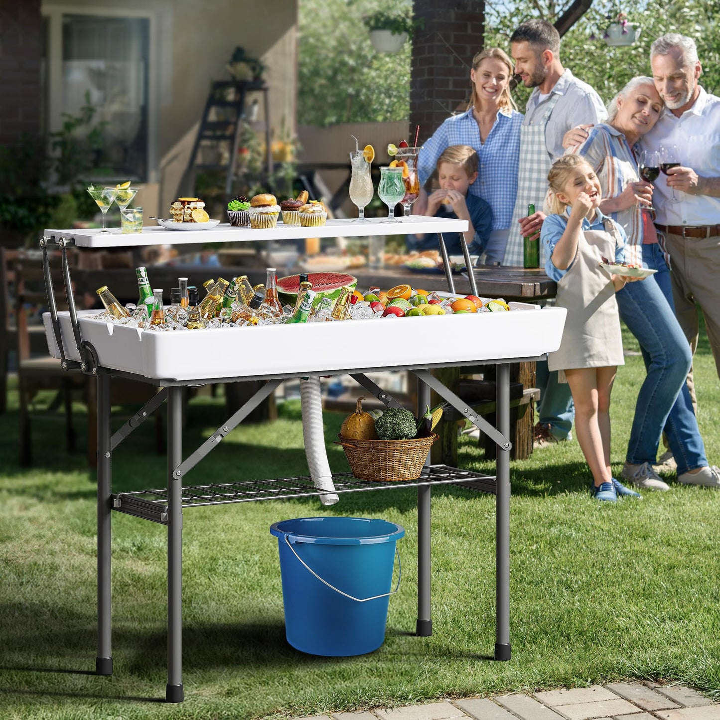 YITAHOME Picknicktisch für draußen, 1,80 m, mit holzähnlicher Tischplatte, stabilem Stahlrahmen und Schirmöffnung, robuster Picknicktisch, ideal für Garten, Terrasse, Rasenpartys, Hellbraun 