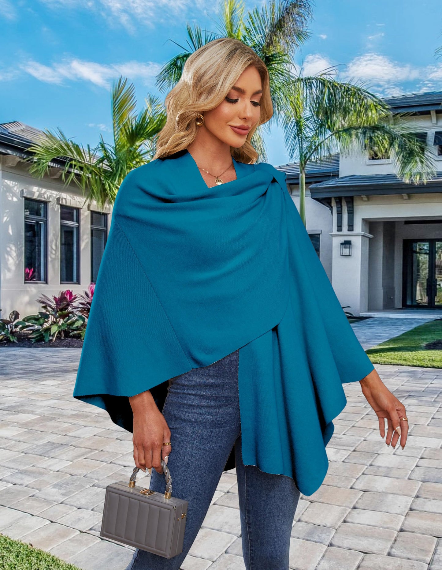 PULI Femmes Grand Poncho Croisé Sur Le Devant Pull Enveloppant Topper Tricoté Élégant Châles Cape pour l'Automne Hiver