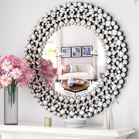 SHYFOY 34" Round Mirrors for Wall Decor,Oversize Jeweled Ornate Wall Mirror Decorative Accent Mirror Chic and Sparkly for Living Room Bathroom Bedroom Fireplace Home Decor