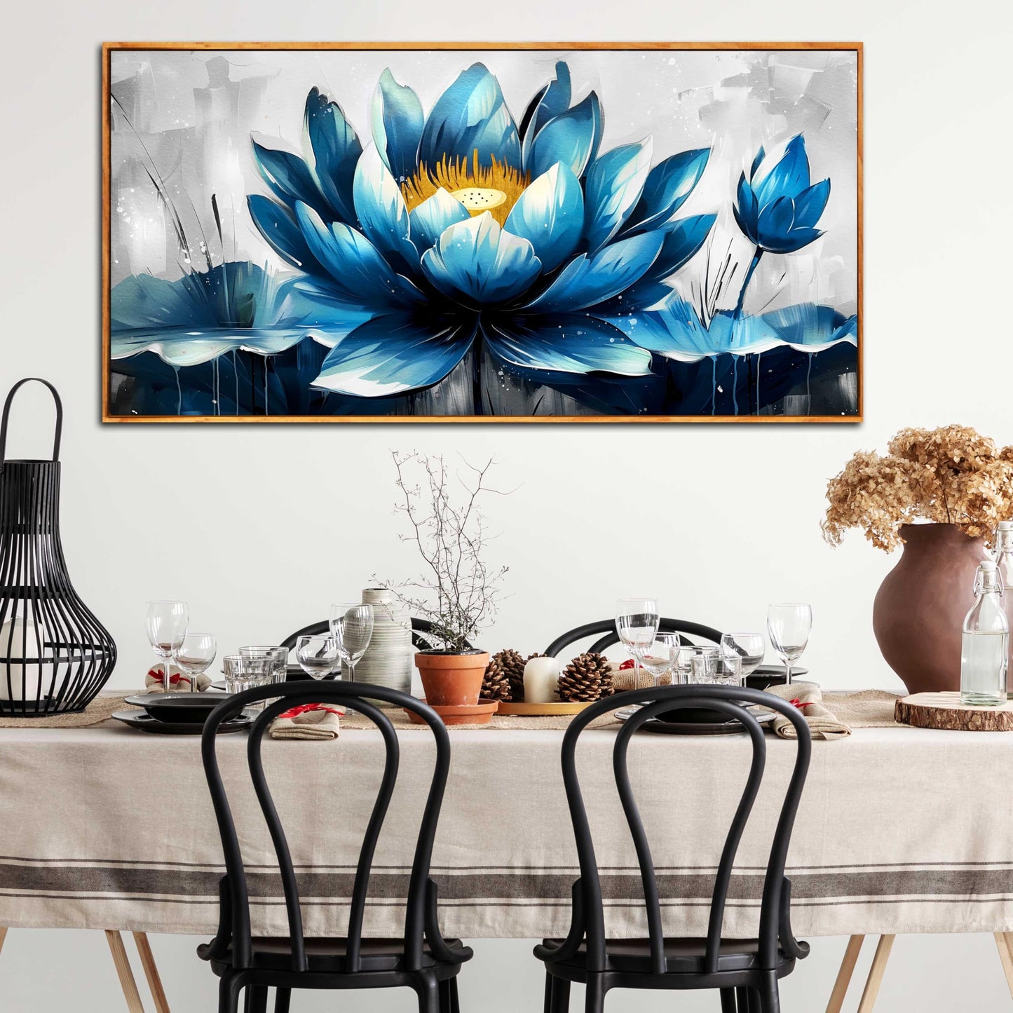 Ouzzlie Große Blumen-Wanddekoration, blaue Wandkunst für Wohnzimmer, goldene Kunst, Lotus-Poster für Zuhause und Büro, 73,7 x 149,9 cm 