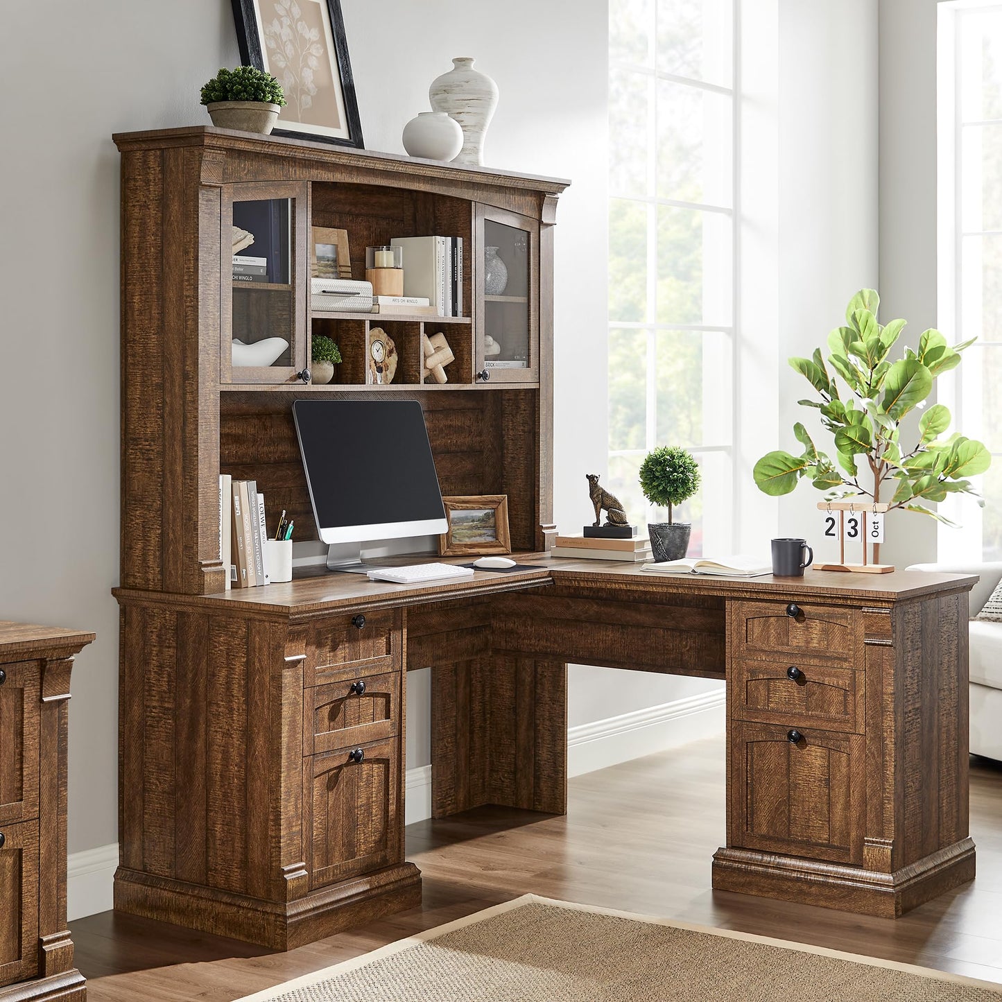 OKD 60" Executive Desk with Drawers, Farmhouse Home Office Desk with Charging Station, Keyboard Tray, File Cabinet Storage, Wood Computer Desk for Work and Study, Antique White