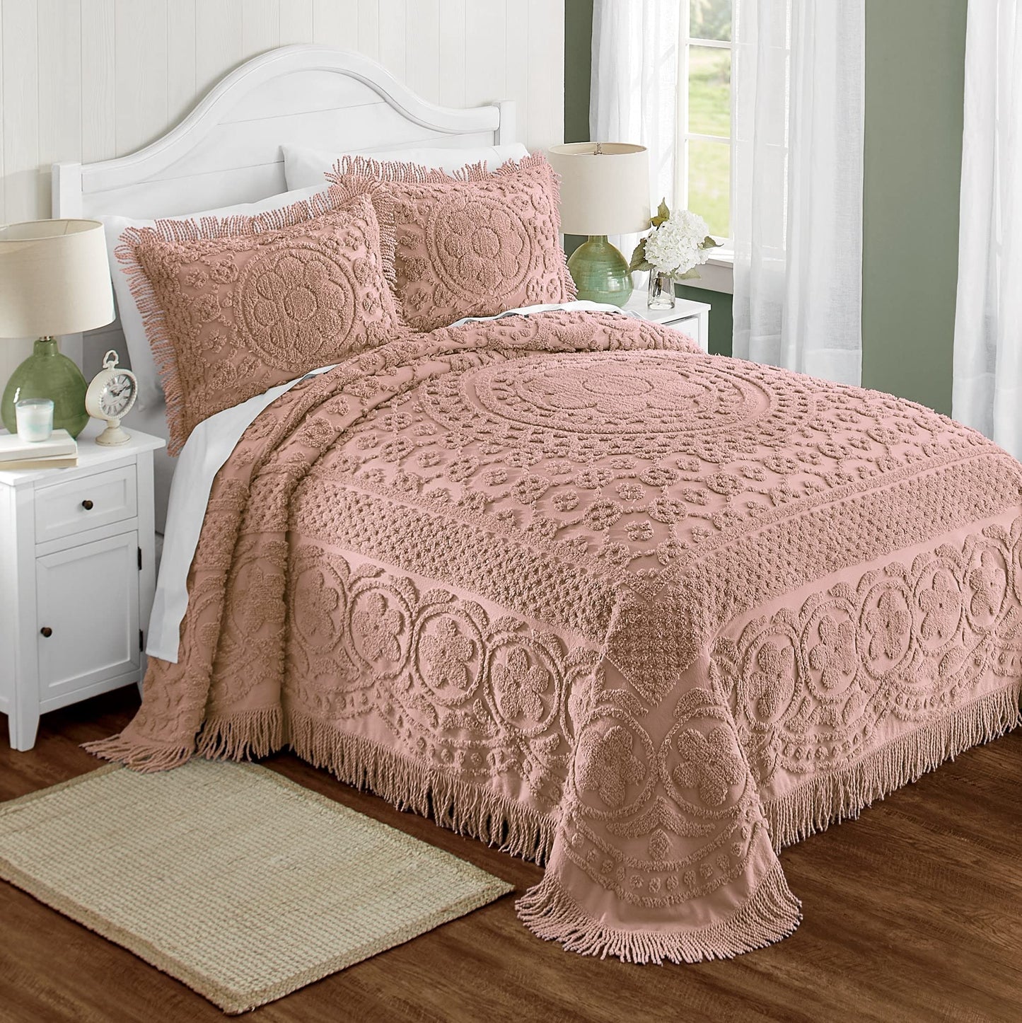 Montgomery Ward Emily Floral Chenille Bedspread, Soft Cotton Comforter, King Size Quilt in Blush - Luxury Hotel Bedding, King Bedspread (Blush, King)