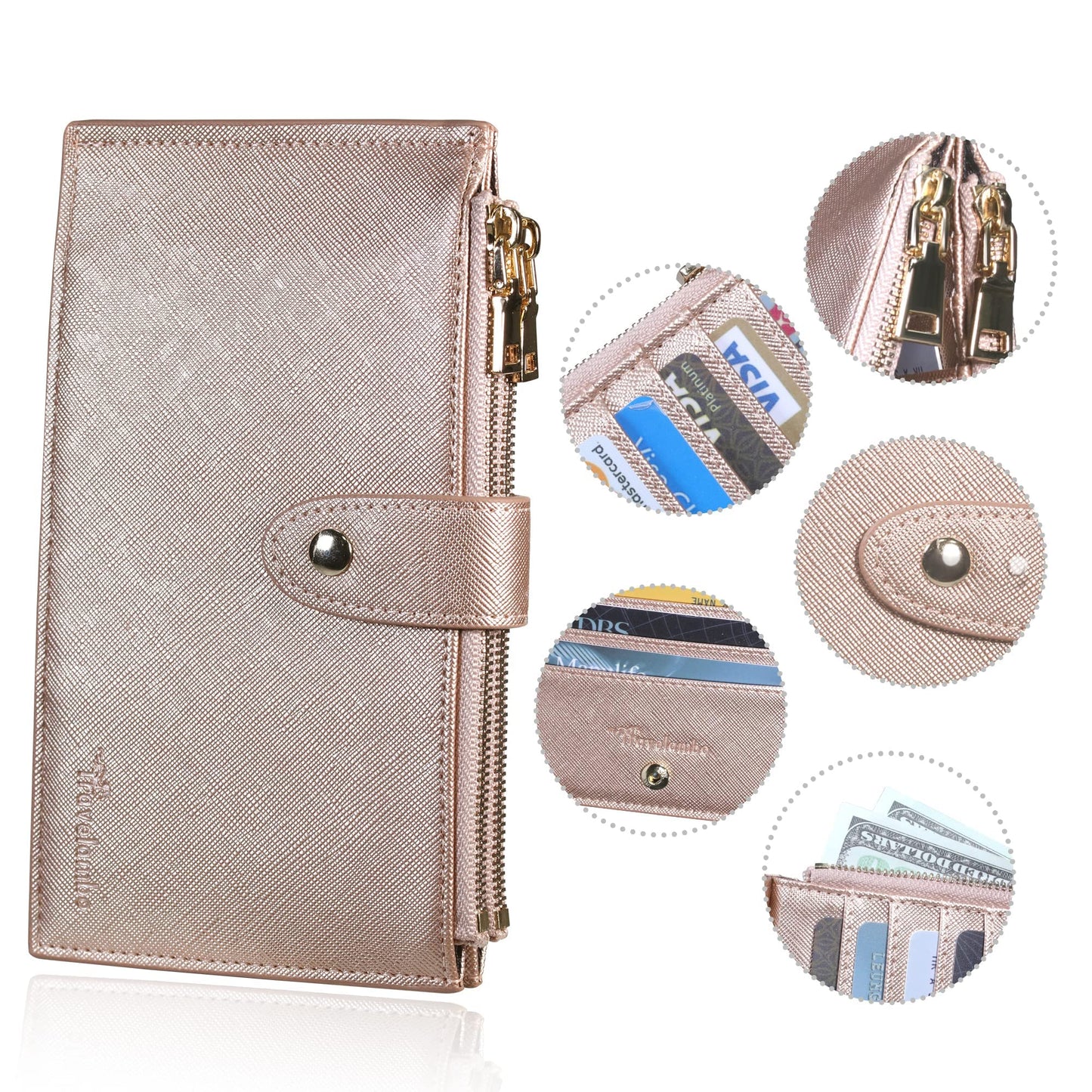 Travelambo RFID Wallet Women Large Size Bifold Multi Card Wallet Case with Zipper Pocke Credit Card Holder for Women