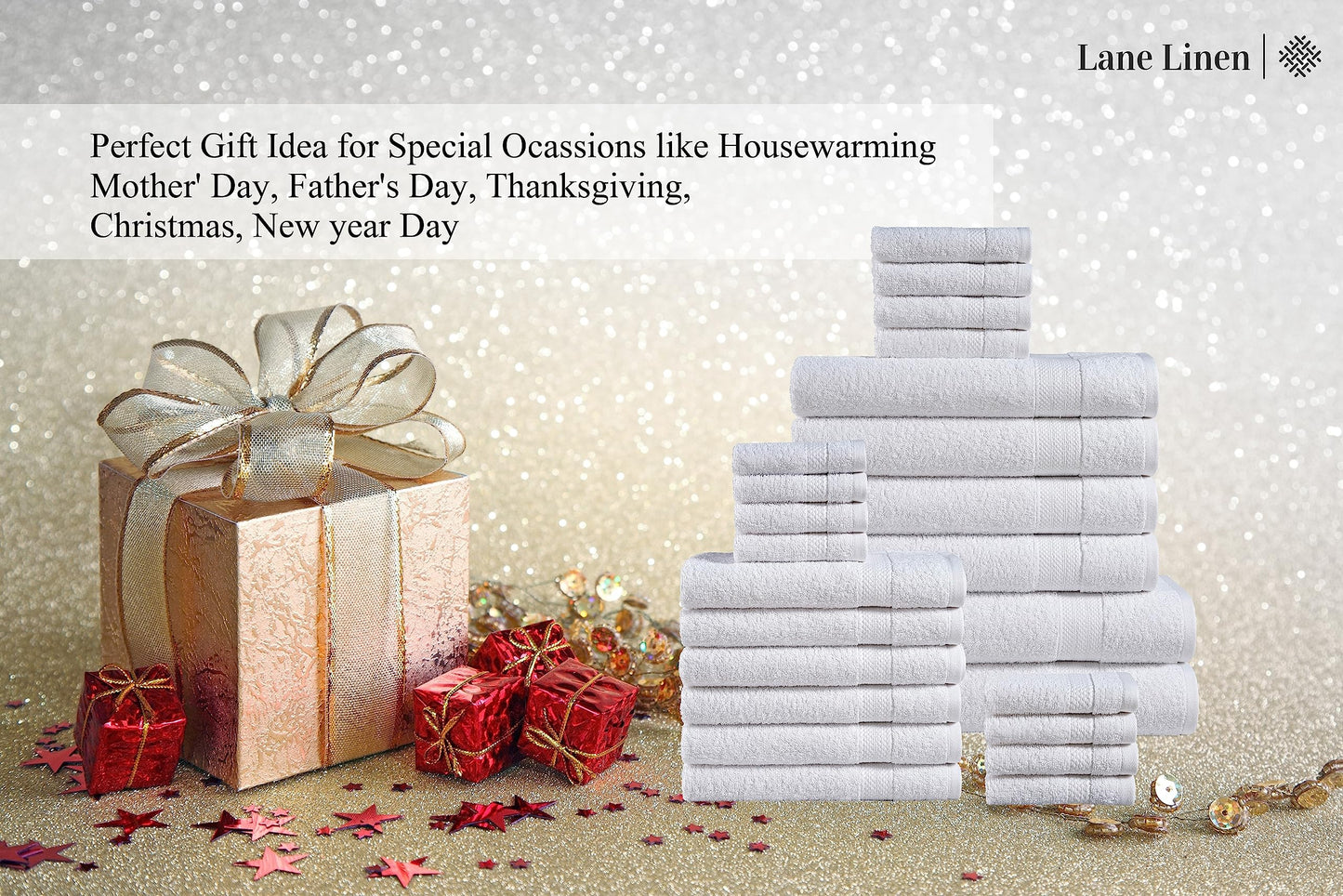 LANE LINEN 24 Piece Bathroom Towels Set - 100% Cotton Bath Towel Sets, 4 Bath Towels Extra Large, 2 Bath Sheets, 6 Hand Towels for Bathroom, 8 Face Wash Cloth, 4 Fingertip Towels - White Towels